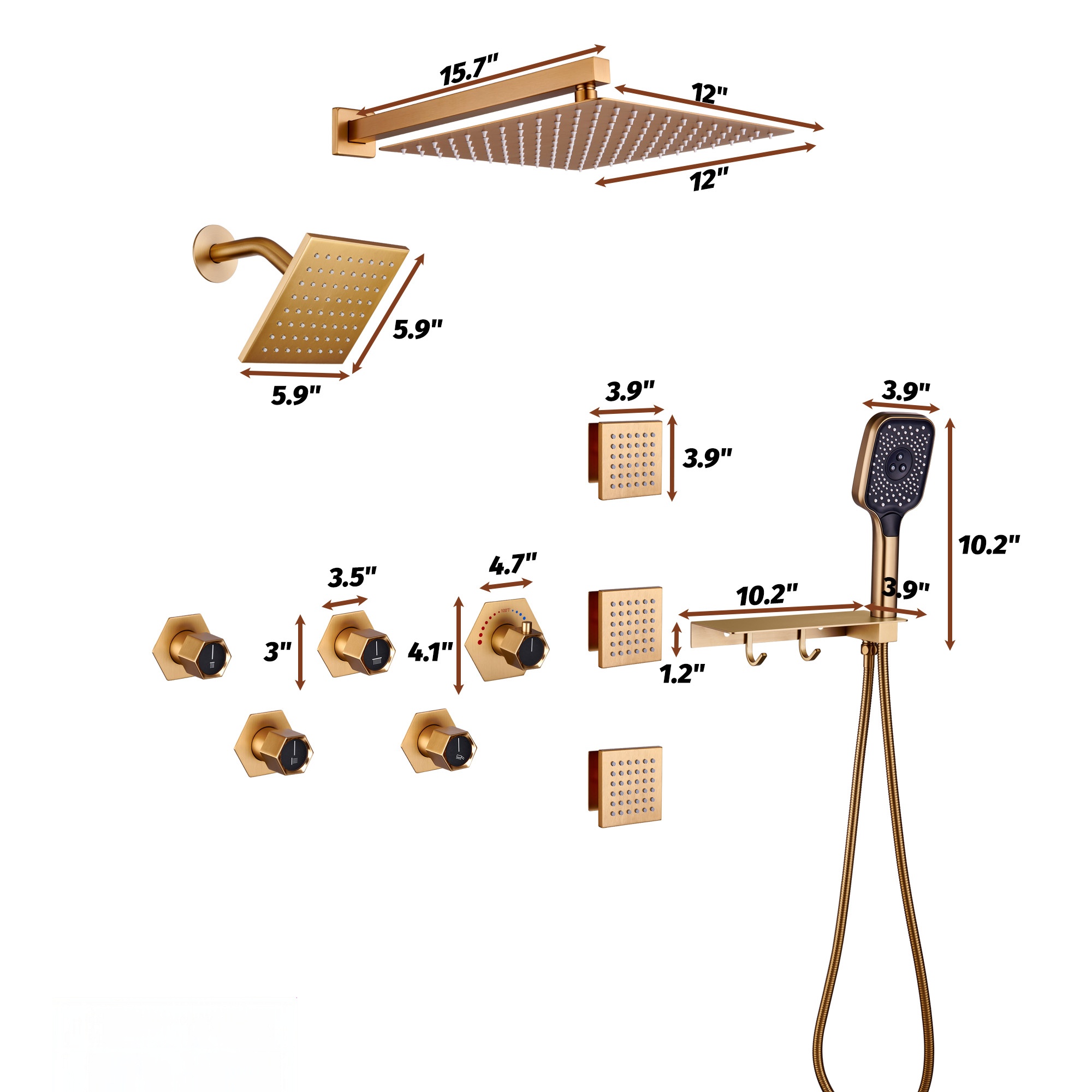 Thermostatic 4 Functions 12-inch Wall Mounted Rainfall Dual Shower Heads with Handheld and Body Jets (Rough-in Valve Included)