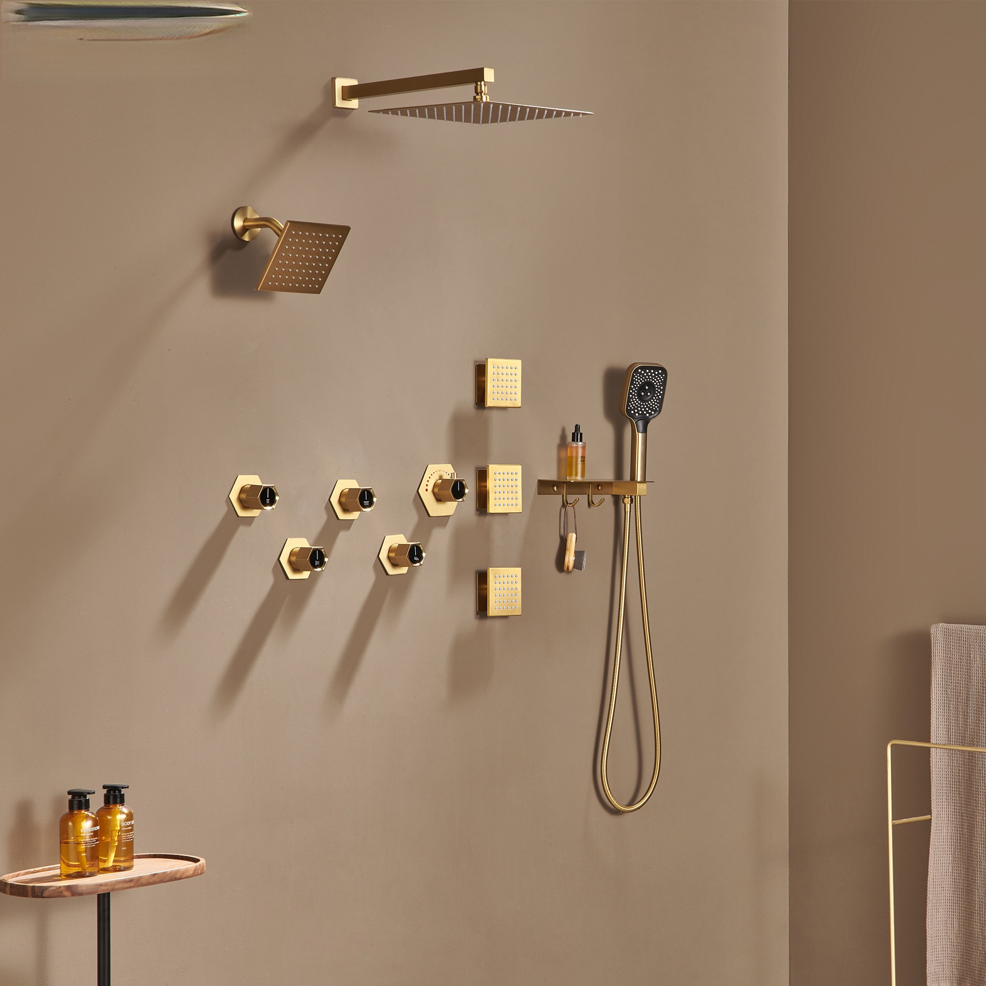 Thermostatic 4 Functions 12-inch Wall Mounted Rainfall Dual Shower Heads with Handheld and Body Jets (Rough-in Valve Included)