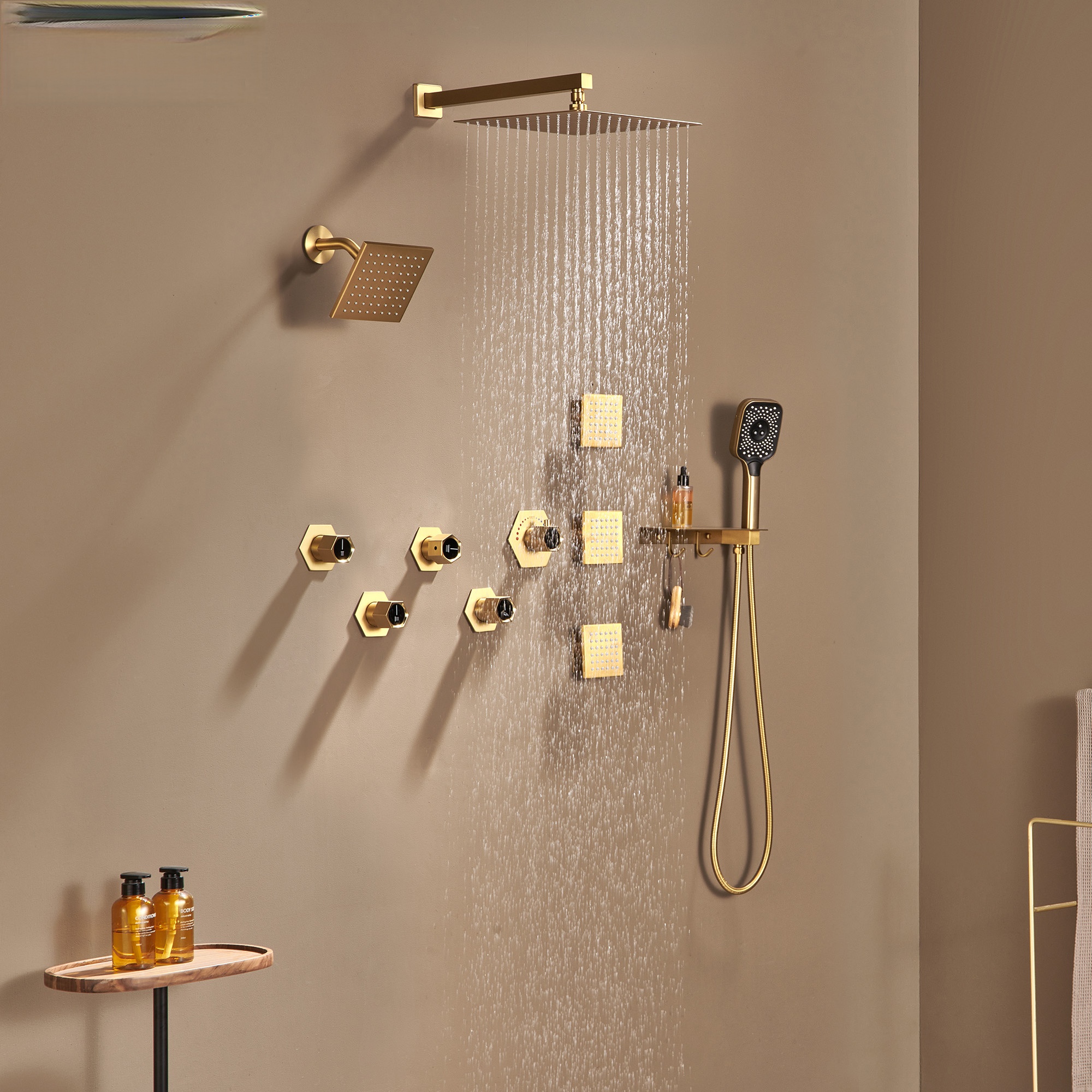 Thermostatic 4 Functions 12-inch Wall Mounted Rainfall Dual Shower Heads with Handheld and Body Jets (Rough-in Valve Included)