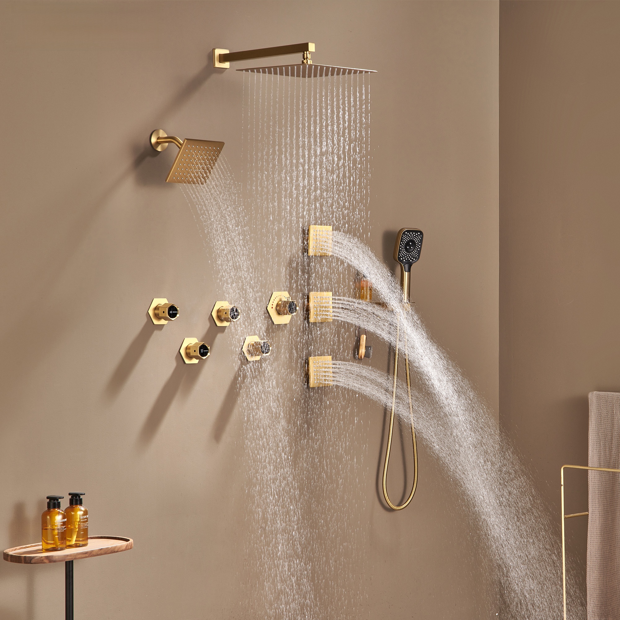 Thermostatic 4 Functions 12-inch Wall Mounted Rainfall Dual Shower Heads with Handheld and Body Jets (Rough-in Valve Included)