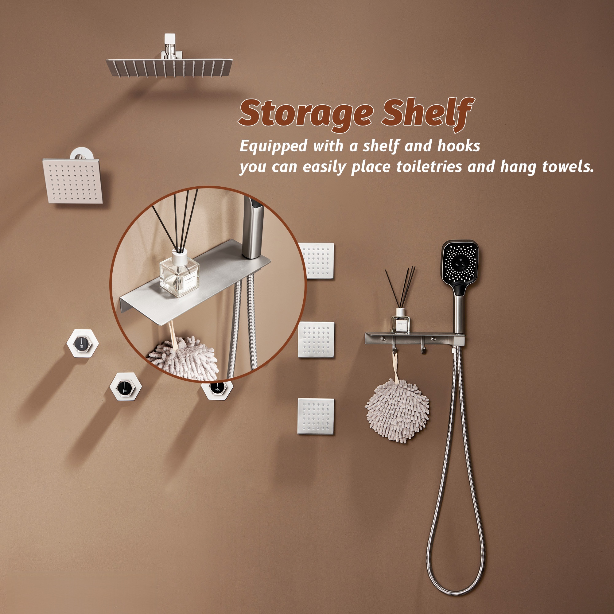 Thermostatic 4 Functions 12-inch Wall Mounted Rainfall Dual Shower Heads with Handheld and Body Jets (Rough-in Valve Included)