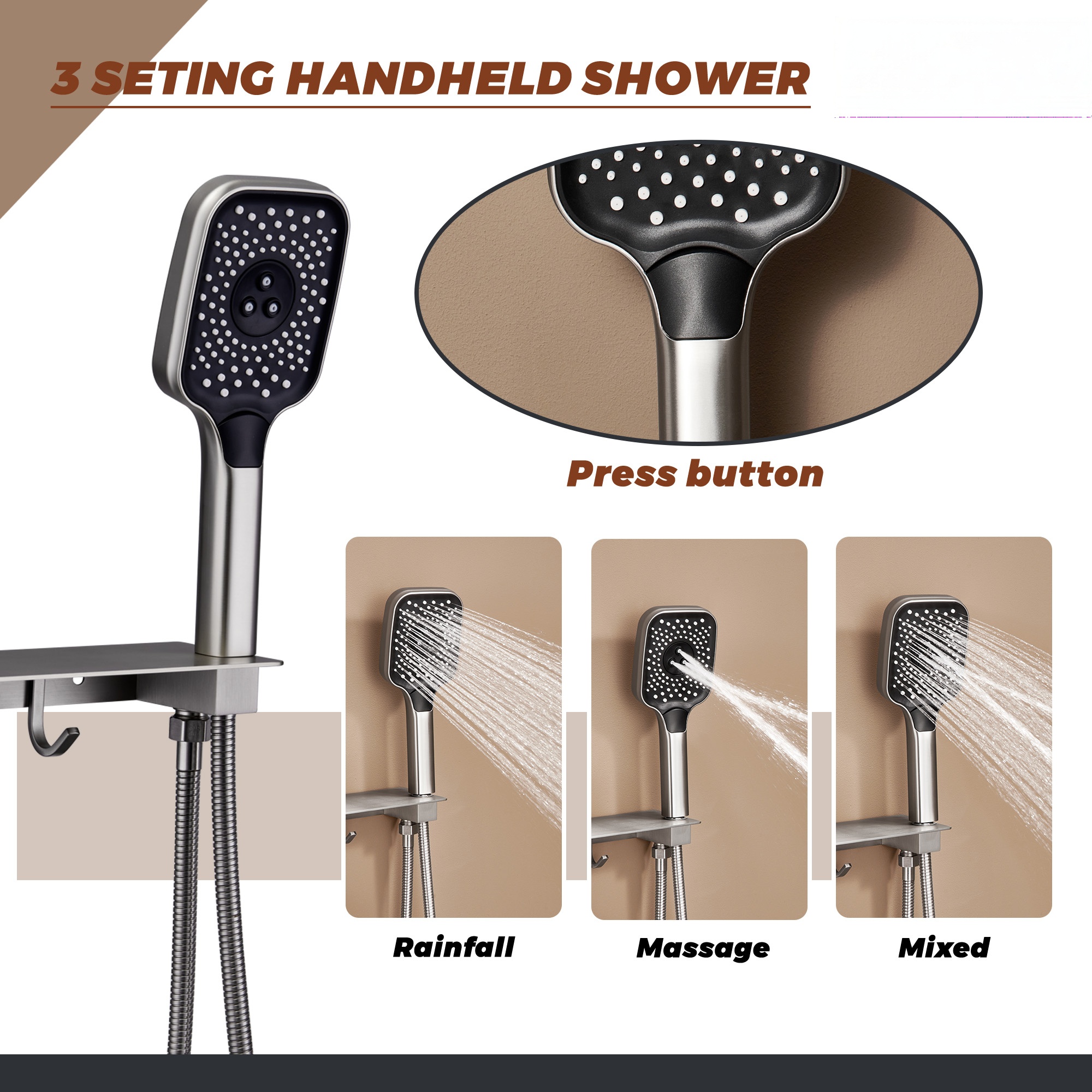 Thermostatic 4 Functions 12-inch Wall Mounted Rainfall Dual Shower Heads with Handheld and Body Jets (Rough-in Valve Included)