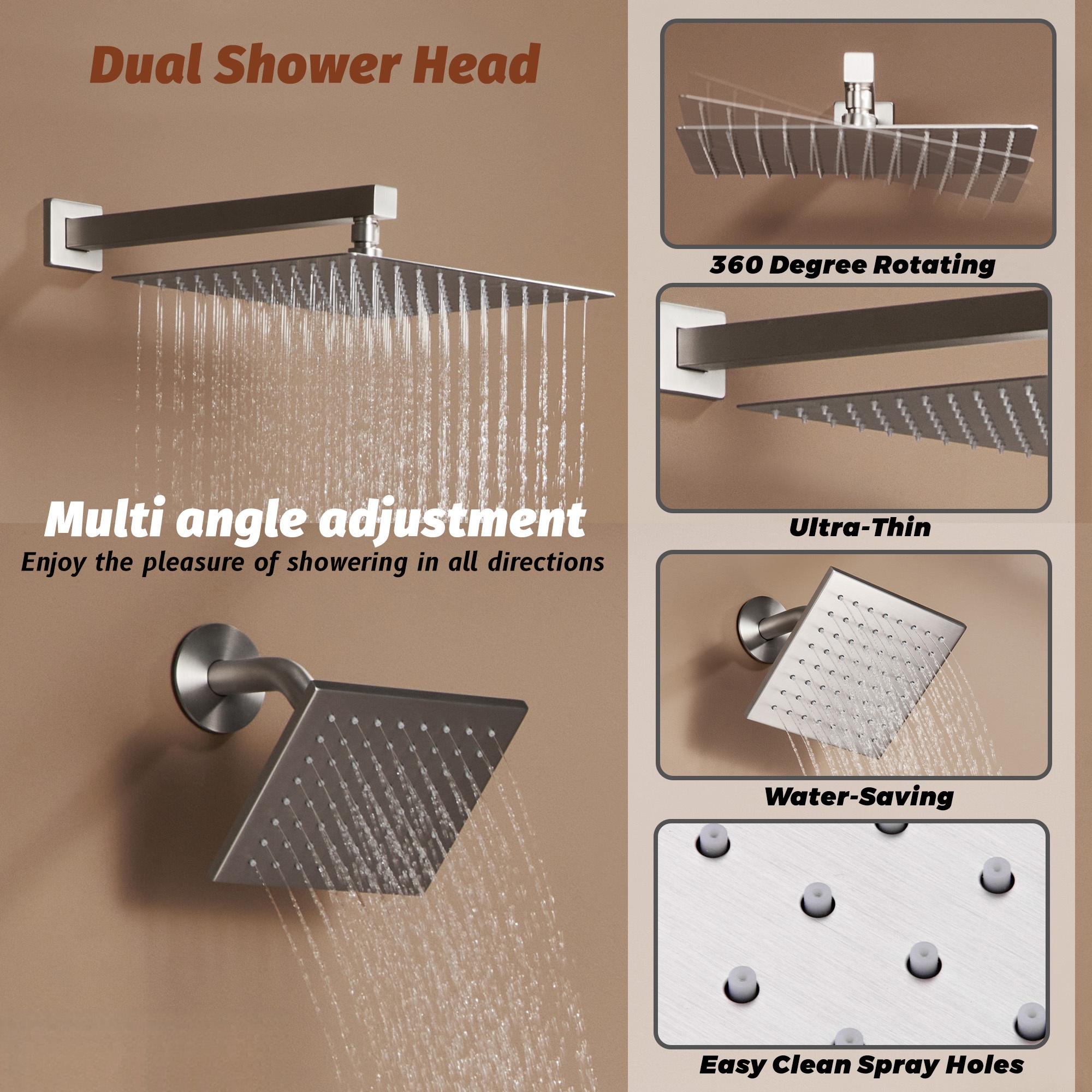 Thermostatic 4 Functions 12-inch Wall Mounted Rainfall Dual Shower Heads with Handheld and Body Jets (Rough-in Valve Included)