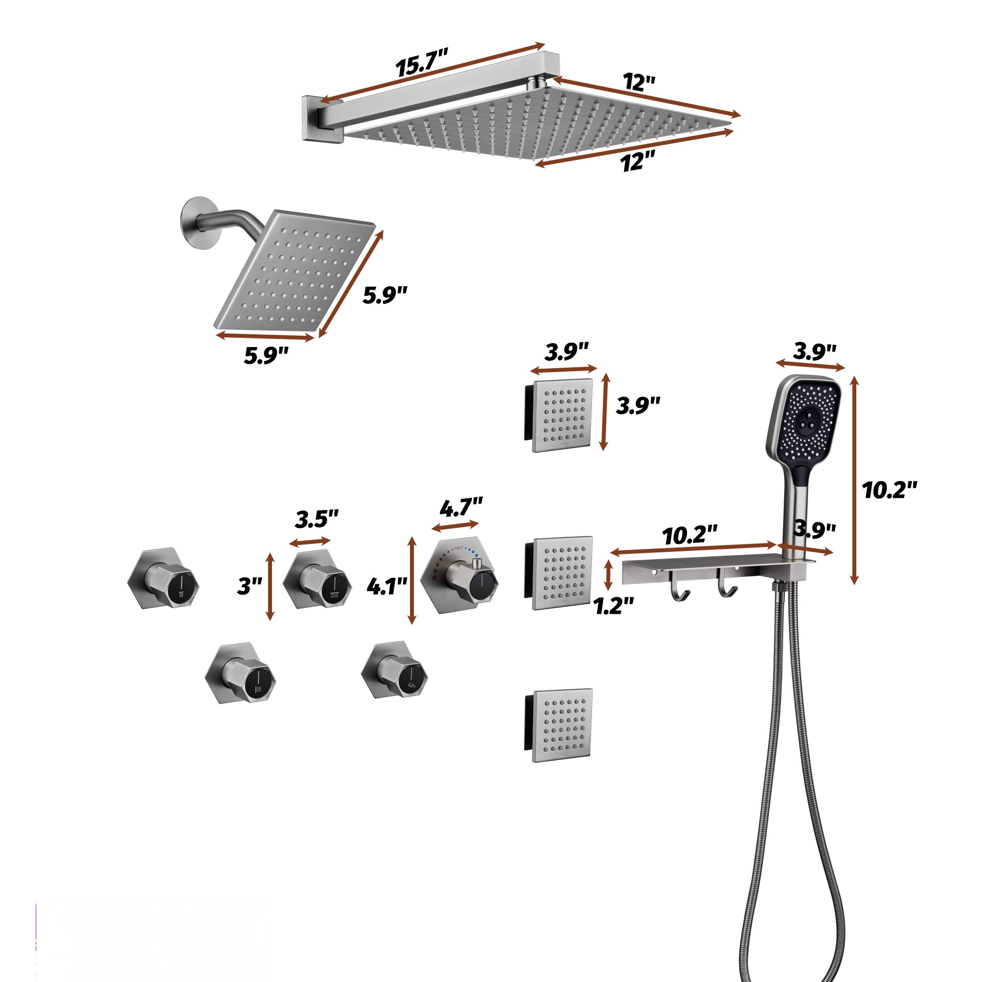 Thermostatic 4 Functions 12-inch Wall Mounted Rainfall Dual Shower Heads with Handheld and Body Jets (Rough-in Valve Included)