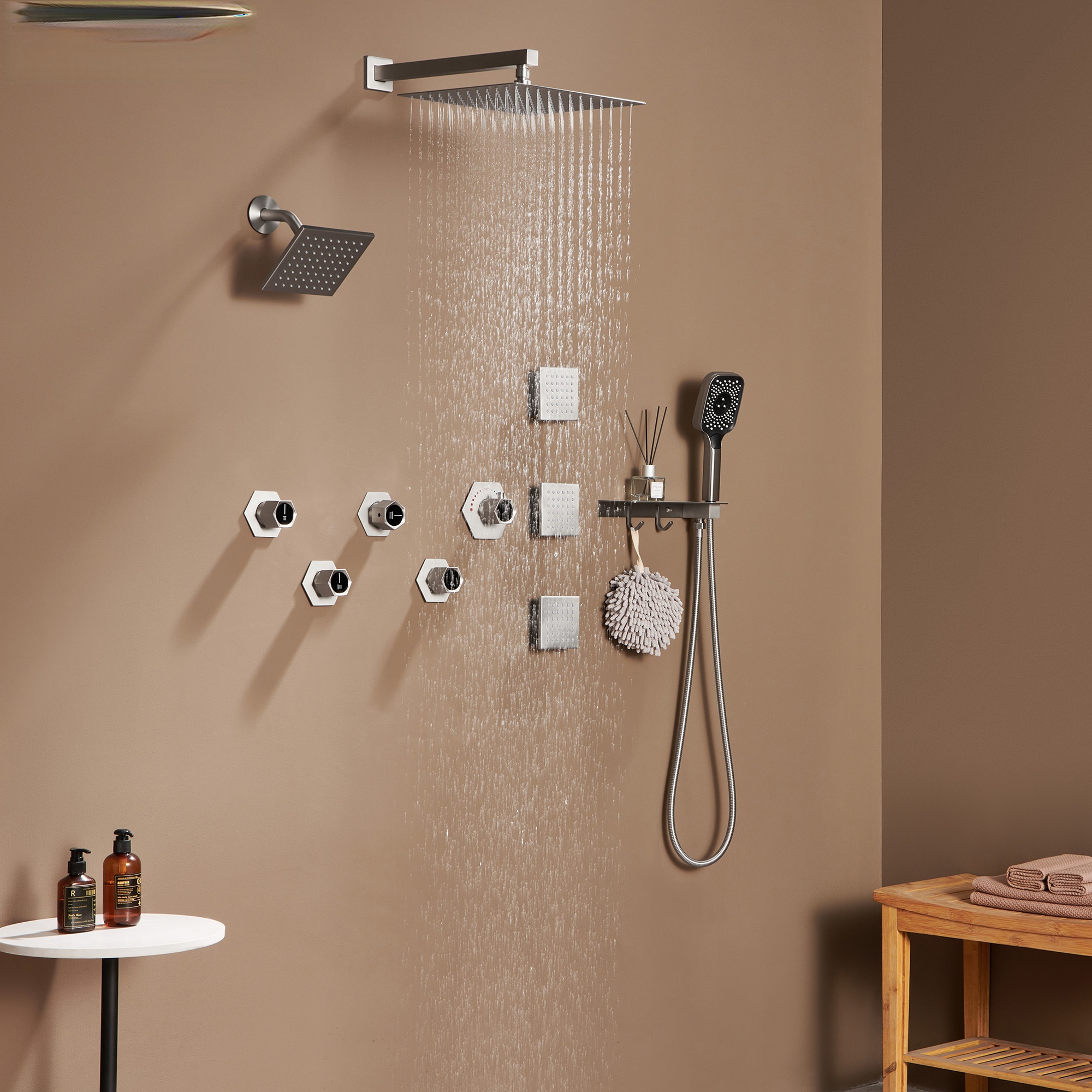 Thermostatic 4 Functions 12-inch Wall Mounted Rainfall Dual Shower Heads with Handheld and Body Jets (Rough-in Valve Included)