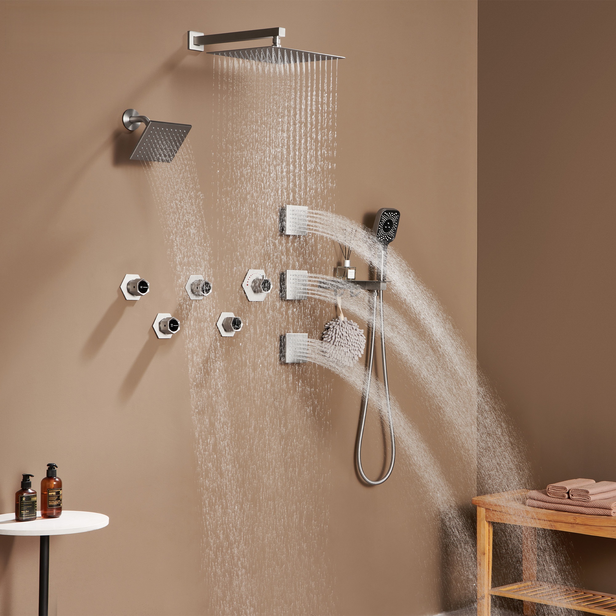 Thermostatic 4 Functions 12-inch Wall Mounted Rainfall Dual Shower Heads with Handheld and Body Jets (Rough-in Valve Included)