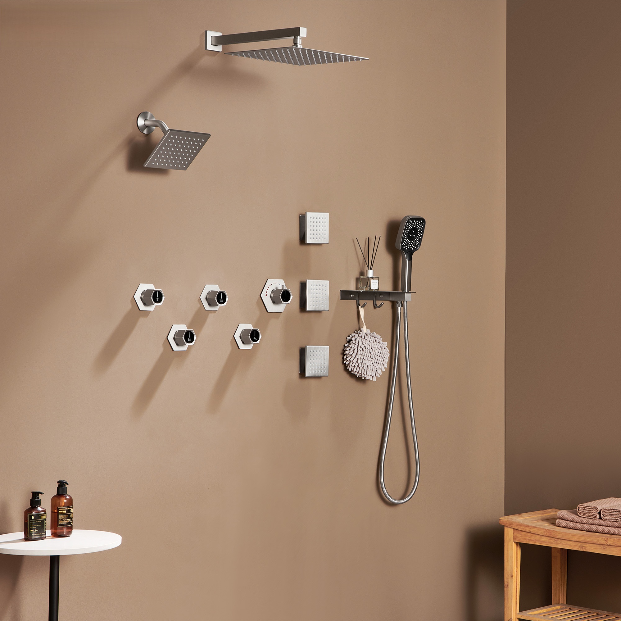 Thermostatic 4 Functions 12-inch Wall Mounted Rainfall Dual Shower Heads with Handheld and Body Jets (Rough-in Valve Included)