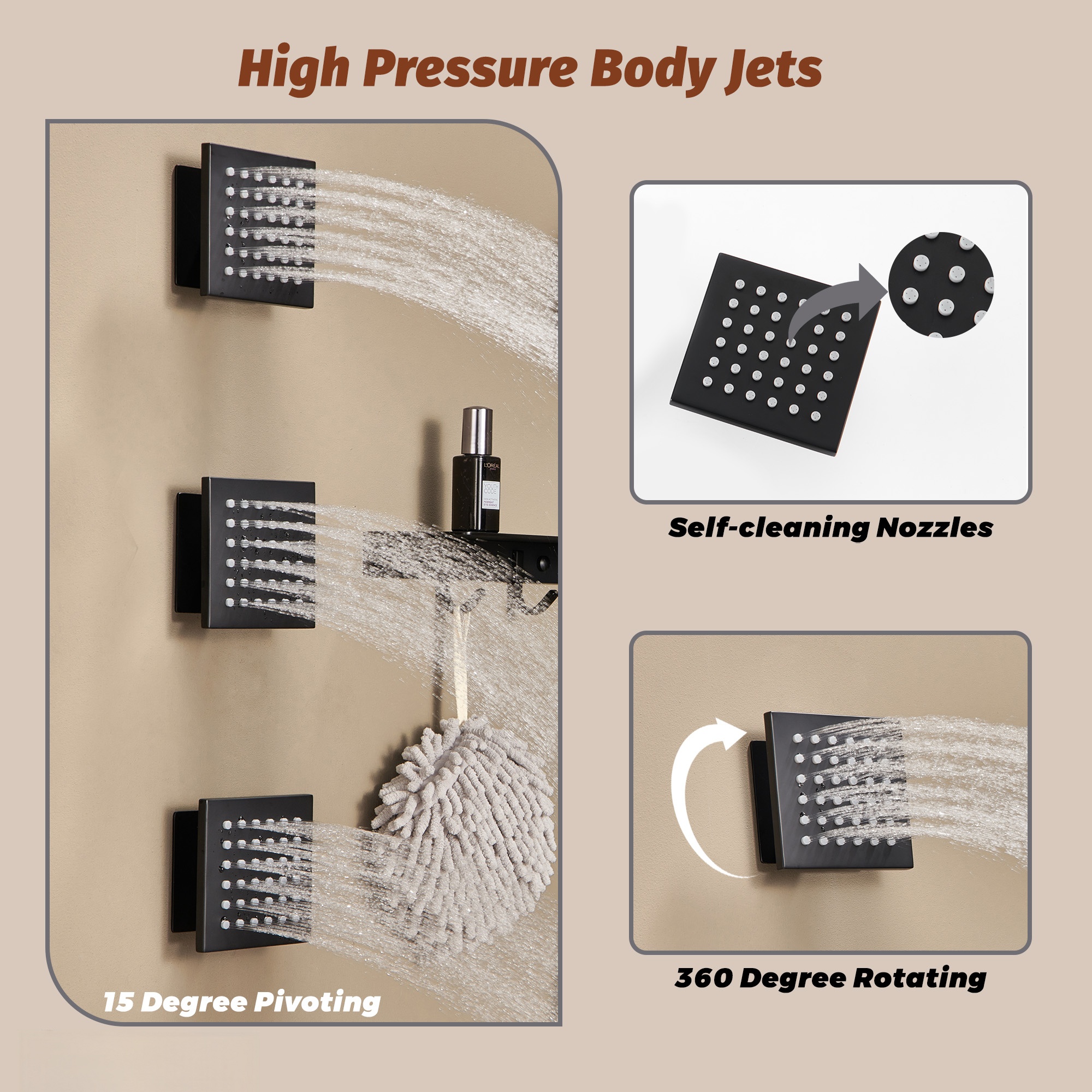 Thermostatic 4 Functions 12-inch Wall Mounted Rainfall Dual Shower Heads with Handheld and Body Jets (Rough-in Valve Included)