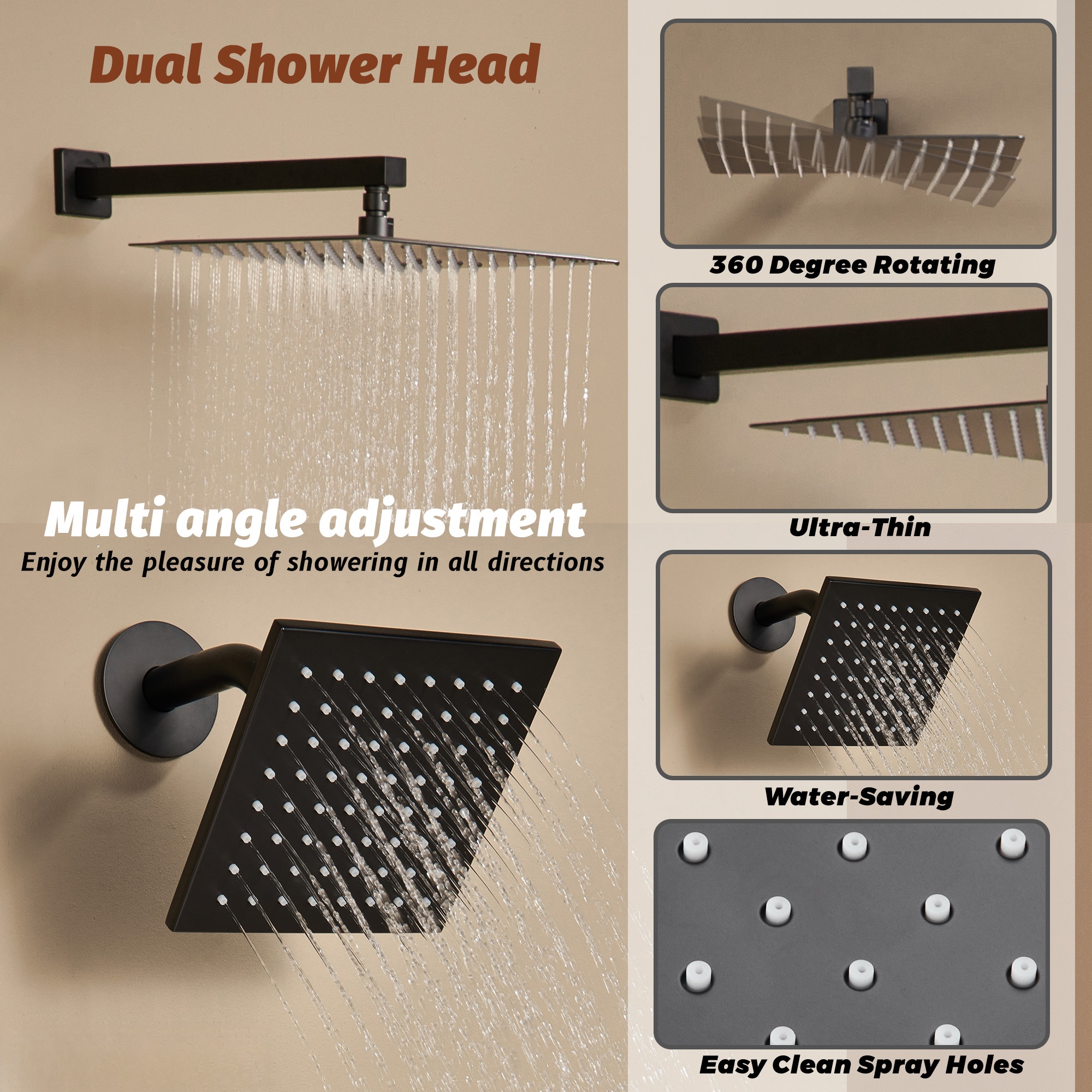 Thermostatic 4 Functions 12-inch Wall Mounted Rainfall Dual Shower Heads with Handheld and Body Jets (Rough-in Valve Included)