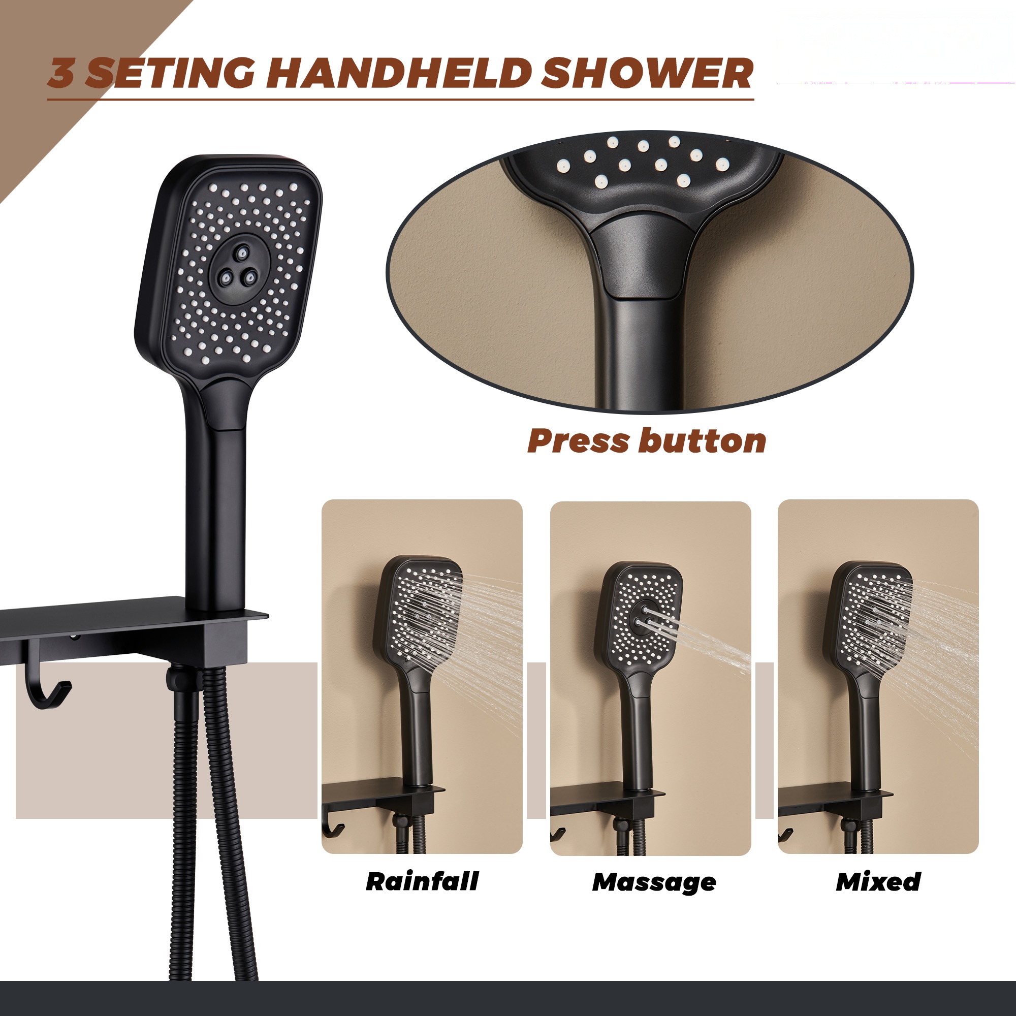 Thermostatic 4 Functions 12-inch Wall Mounted Rainfall Dual Shower Heads with Handheld and Body Jets (Rough-in Valve Included)