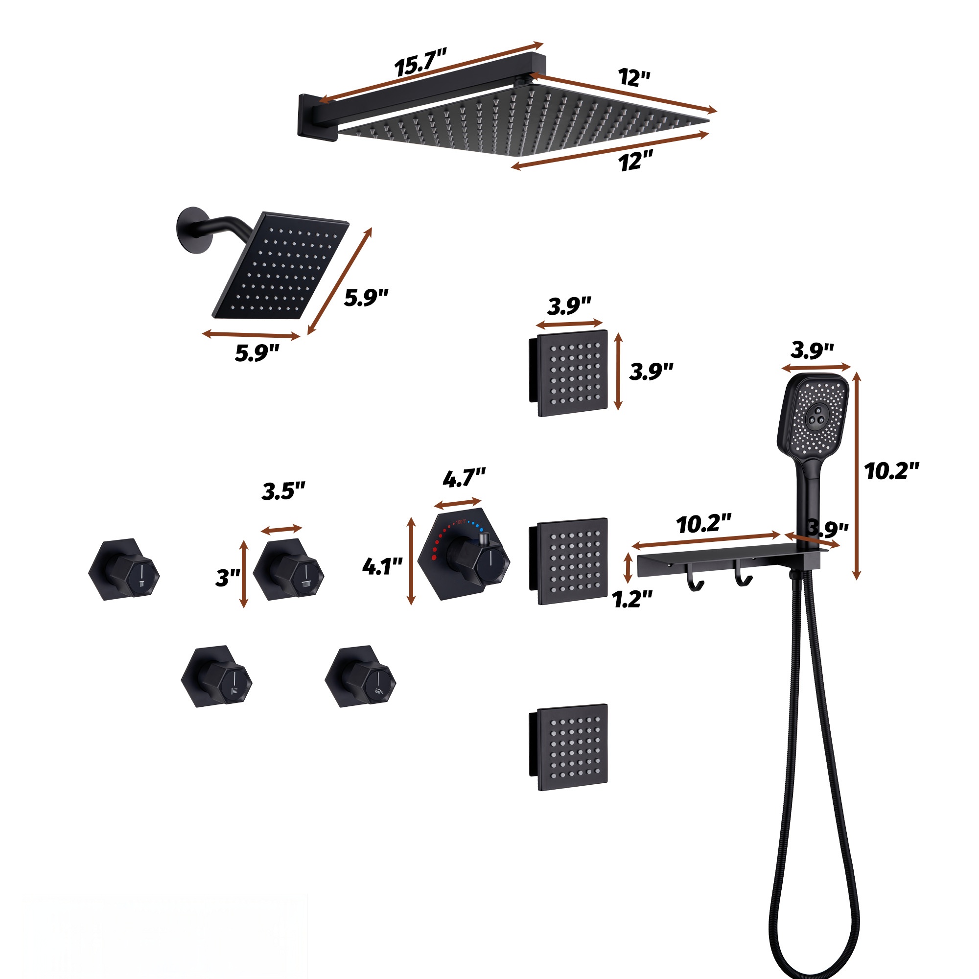 Thermostatic 4 Functions 12-inch Wall Mounted Rainfall Dual Shower Heads with Handheld and Body Jets (Rough-in Valve Included)