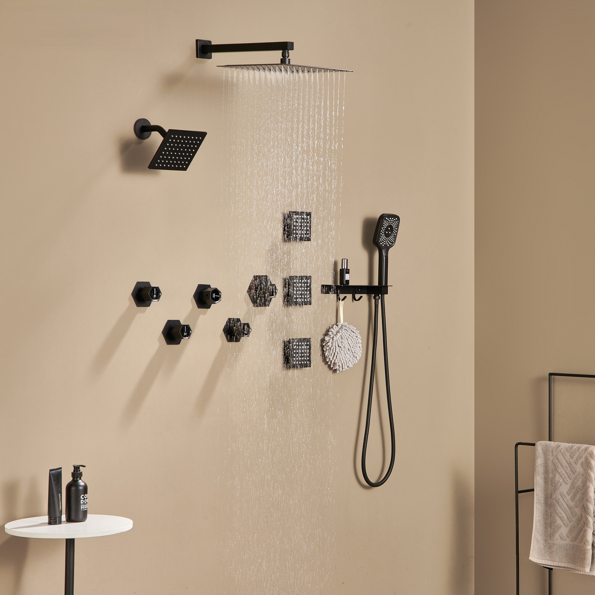 Thermostatic 4 Functions 12-inch Wall Mounted Rainfall Dual Shower Heads with Handheld and Body Jets (Rough-in Valve Included)