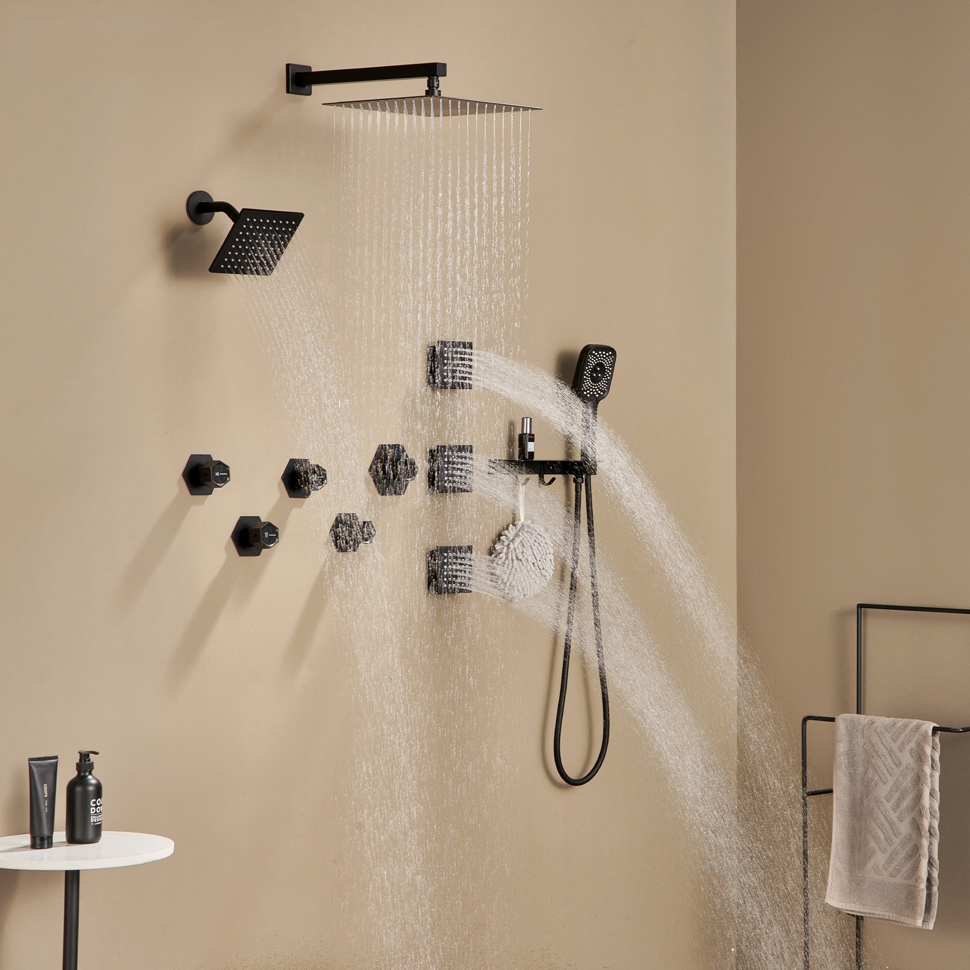 Thermostatic 4 Functions 12-inch Wall Mounted Rainfall Dual Shower Heads with Handheld and Body Jets (Rough-in Valve Included)