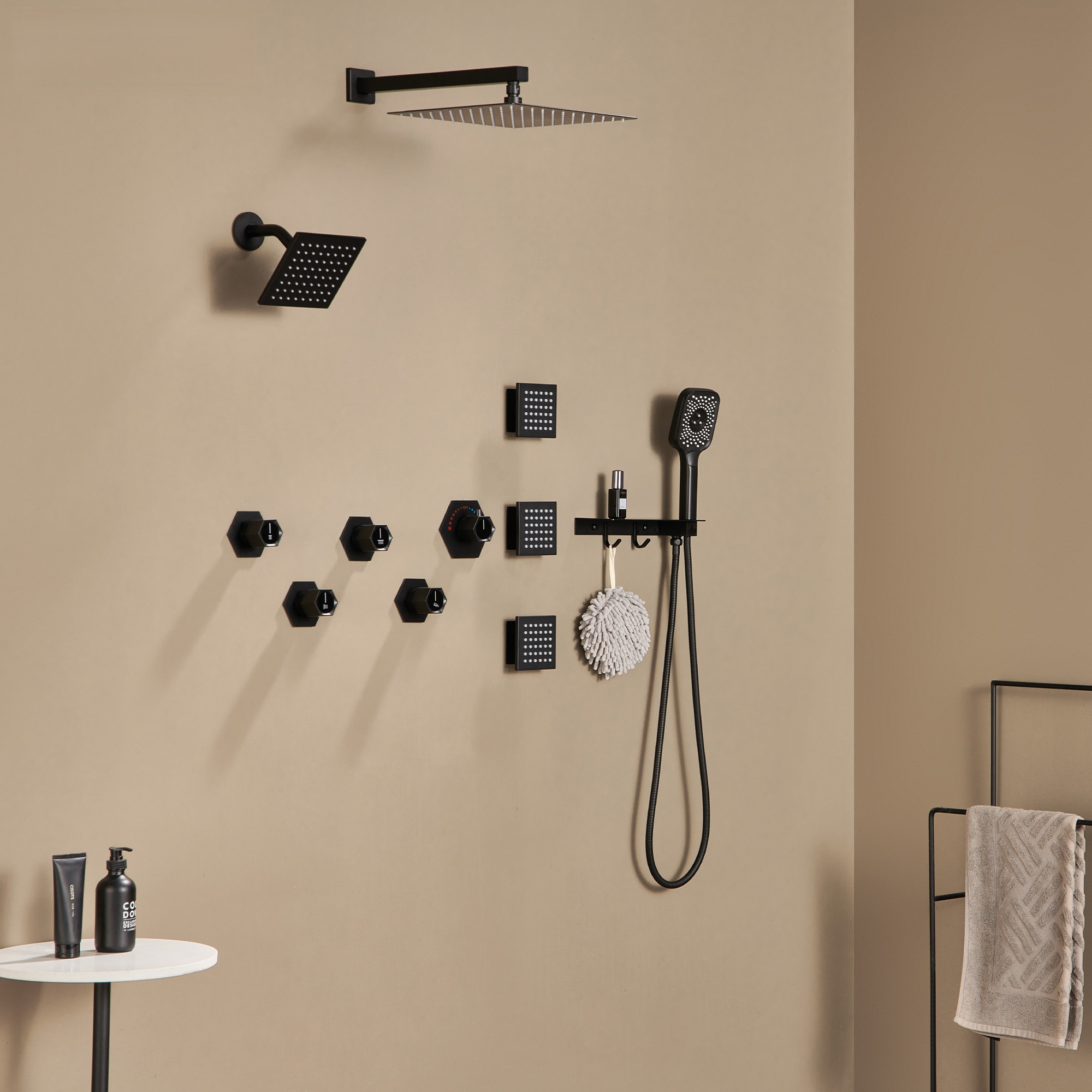 Thermostatic 4 Functions 12-inch Wall Mounted Rainfall Dual Shower Heads with Handheld and Body Jets (Rough-in Valve Included)