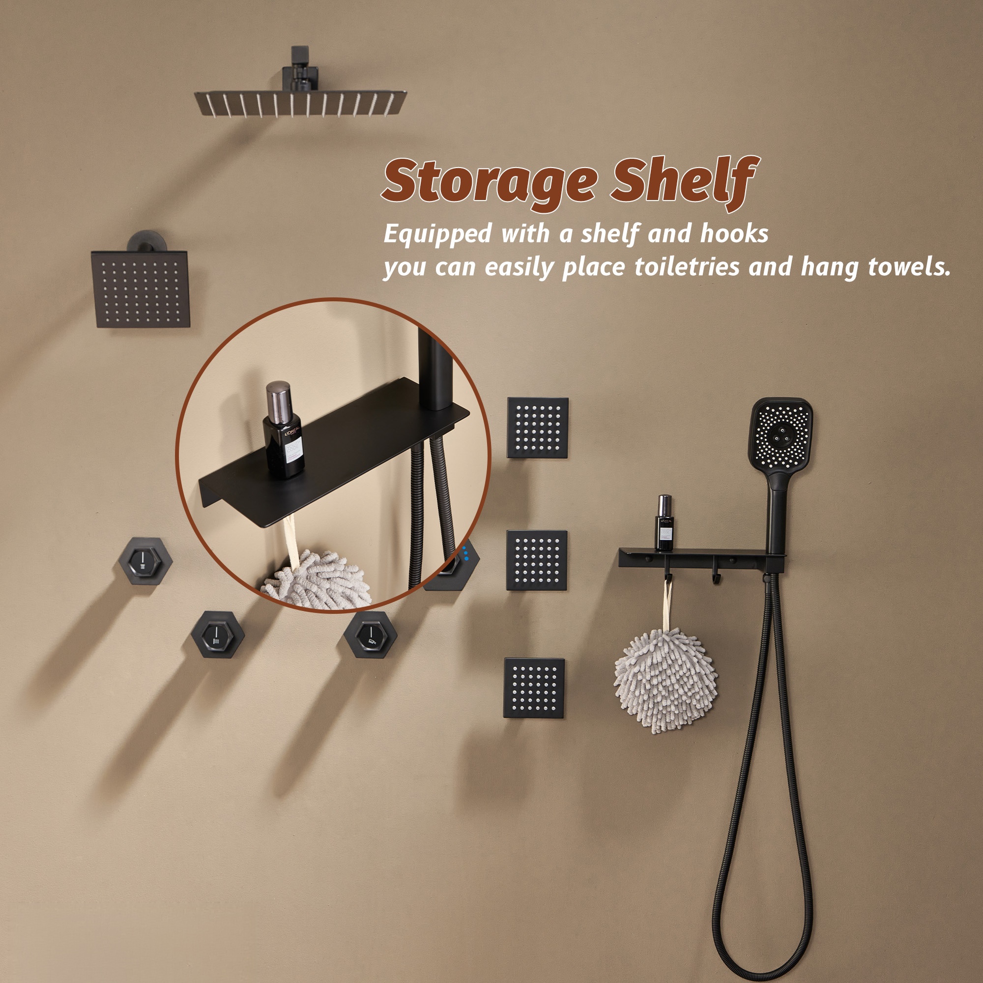 Thermostatic 4 Functions 12-inch Wall Mounted Rainfall Dual Shower Heads with Handheld and Body Jets (Rough-in Valve Included)