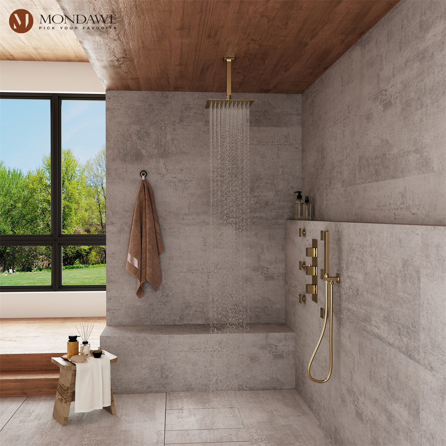12in Thermostatic Rainfall 3 Functions Shower System with 6 Brass Body Jets-Mondawe