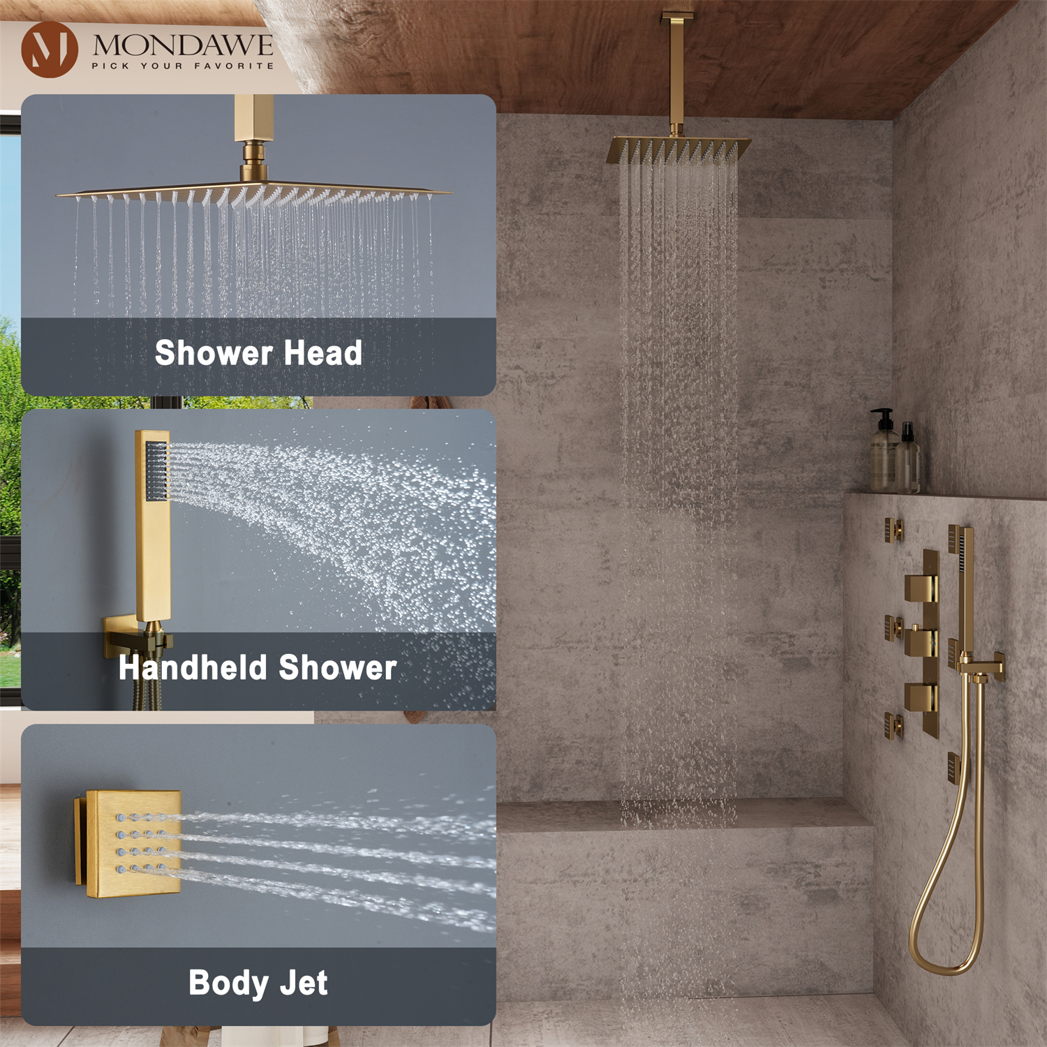 12in Thermostatic Rainfall 3 Functions Shower System with 6 Brass Body Jets-Mondawe