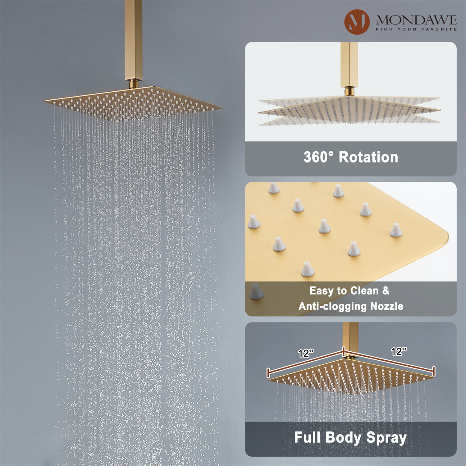 12in Thermostatic Rainfall 3 Functions Shower System with 6 Brass Body Jets-Mondawe