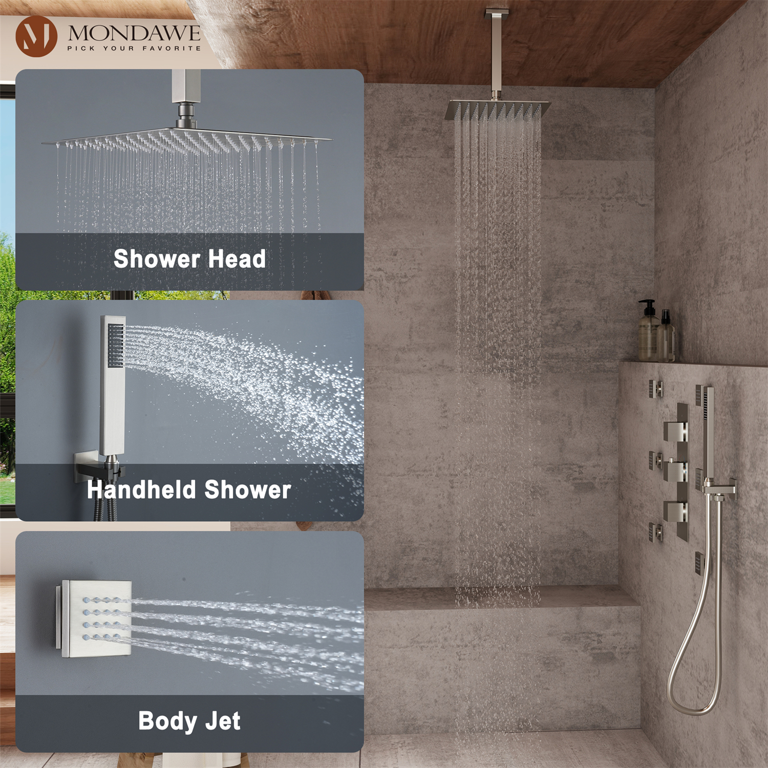 12in Thermostatic Rainfall 3 Functions Shower System with 6 Brass Body Jets-Mondawe