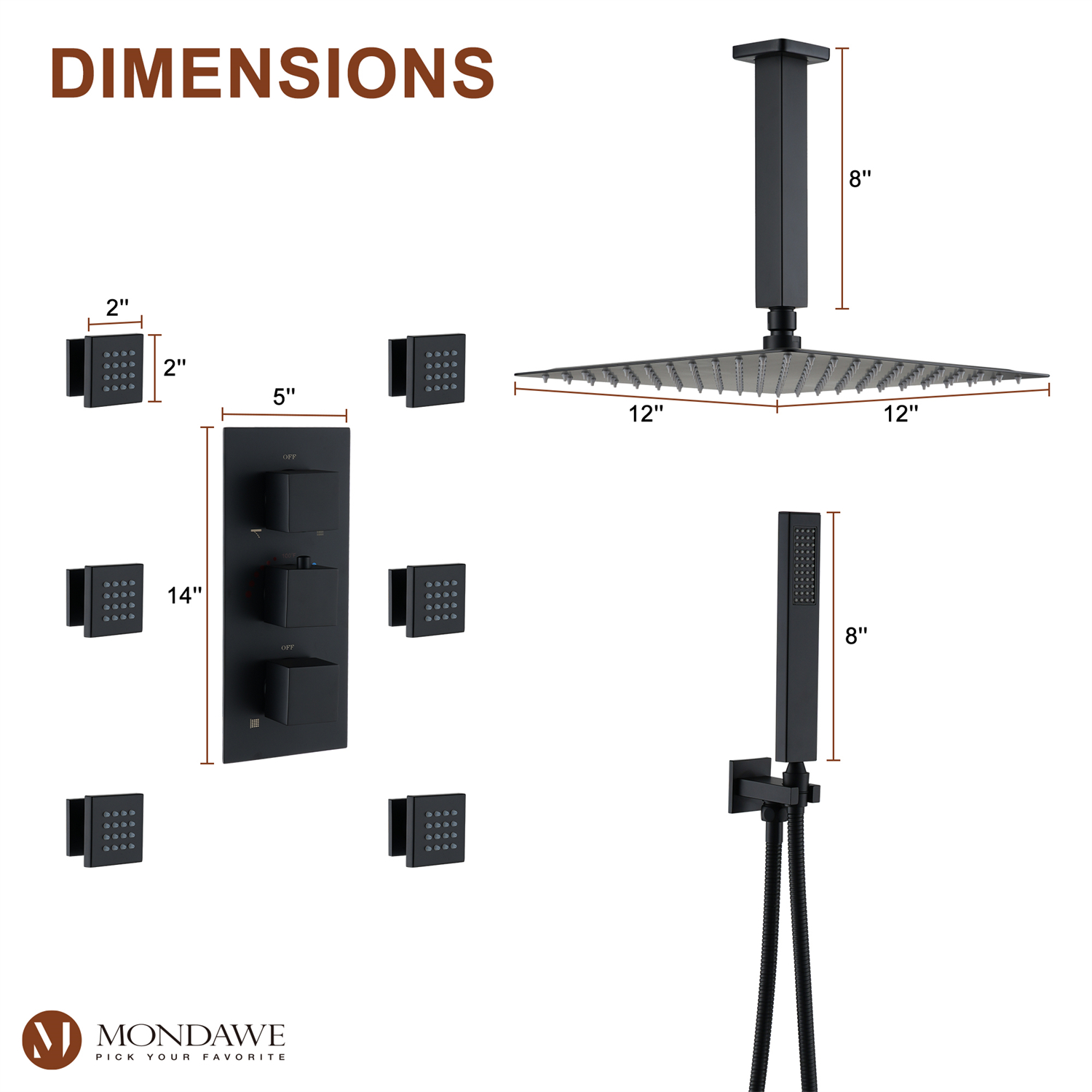 12in Thermostatic Rainfall 3 Functions Shower System with 6 Brass Body Jets-Mondawe