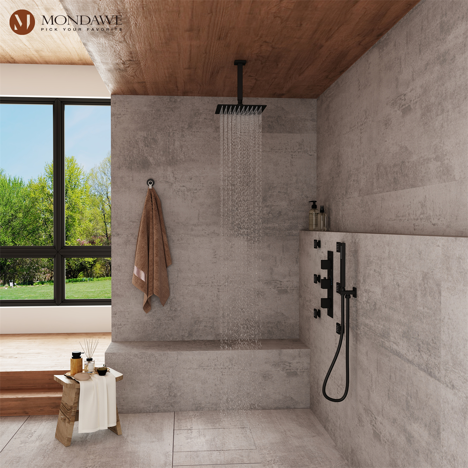 12in Thermostatic Rainfall 3 Functions Shower System with 6 Brass Body Jets-Mondawe
