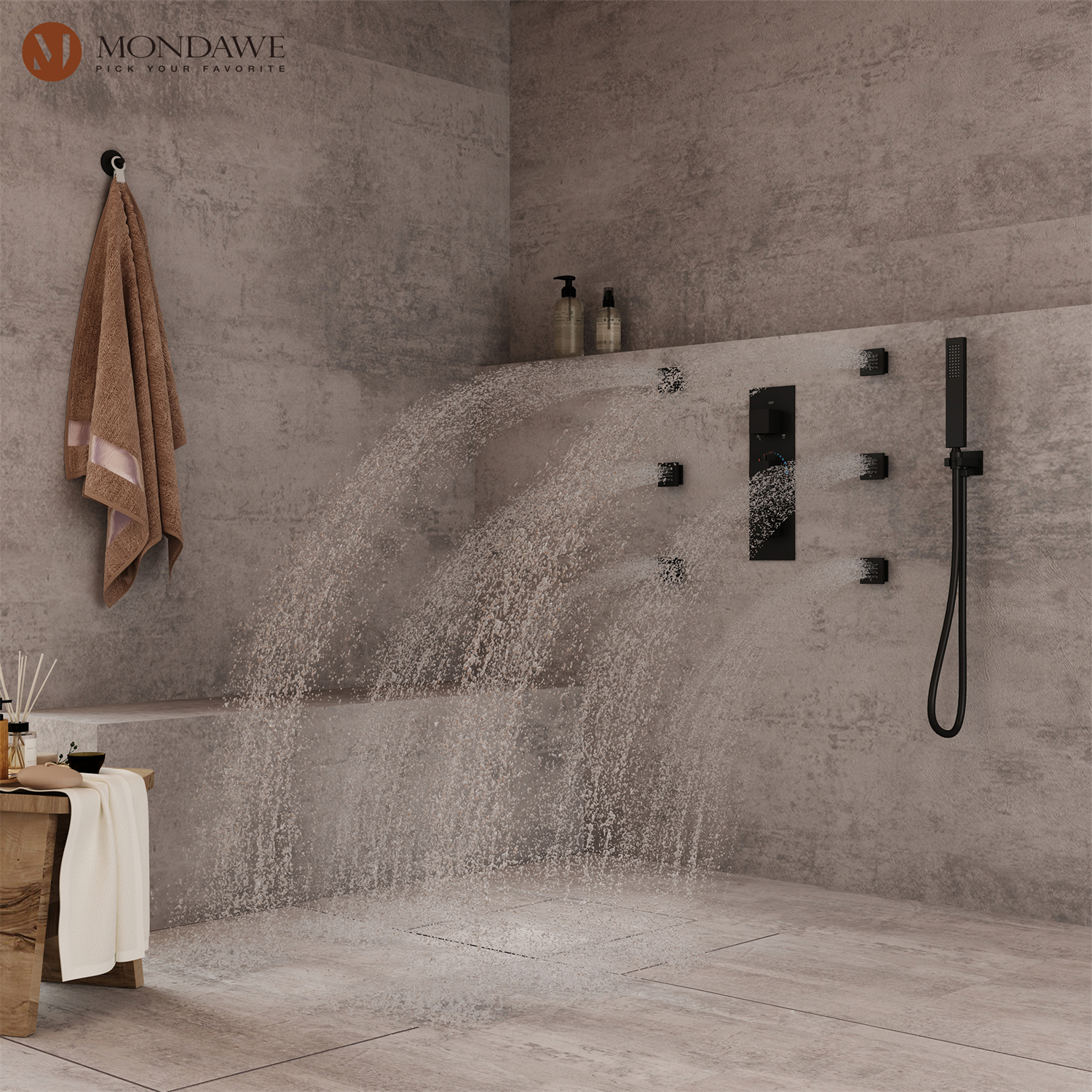 12in Thermostatic Rainfall 3 Functions Shower System with 6 Brass Body Jets-Mondawe