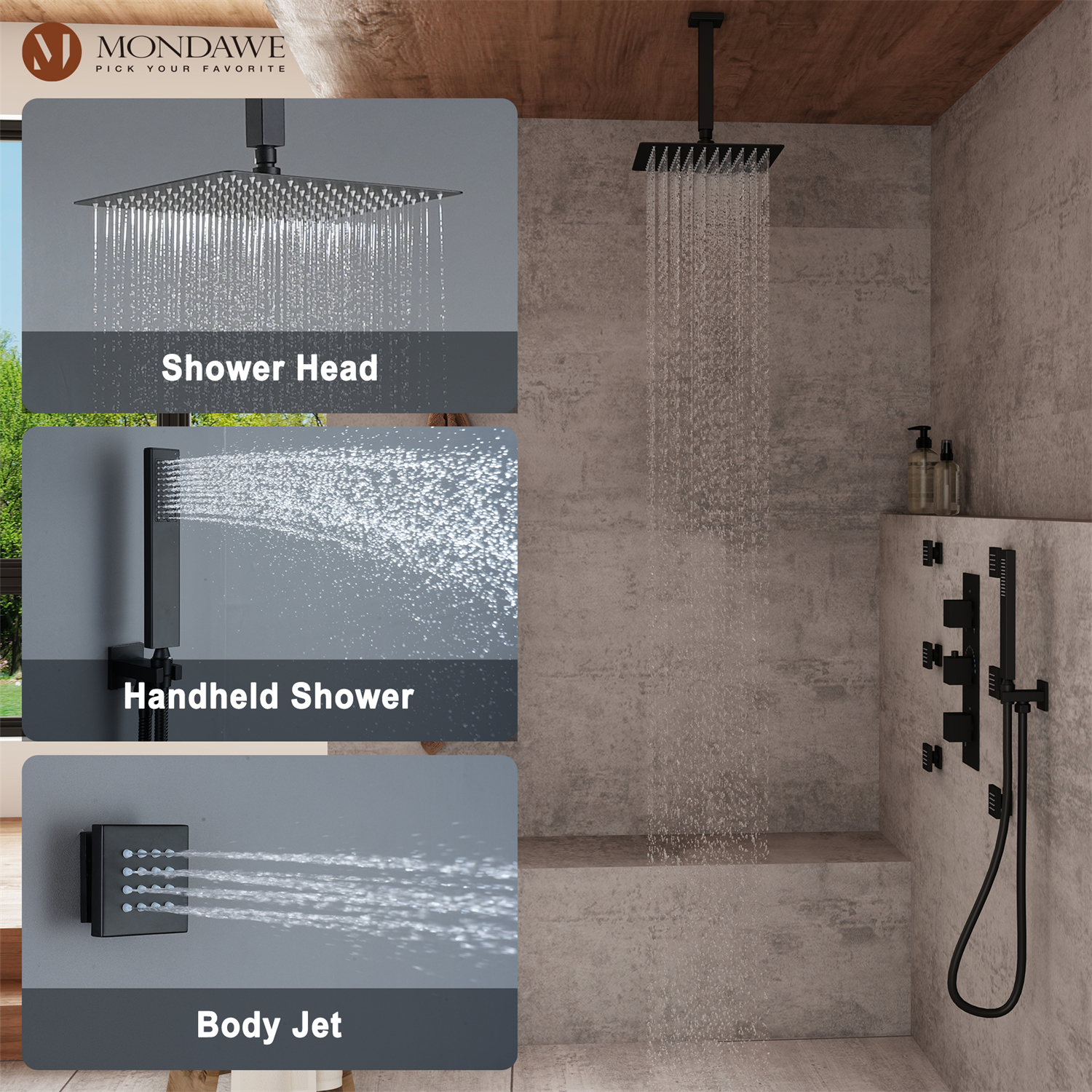 12in Thermostatic Rainfall 3 Functions Shower System with 6 Brass Body Jets-Mondawe