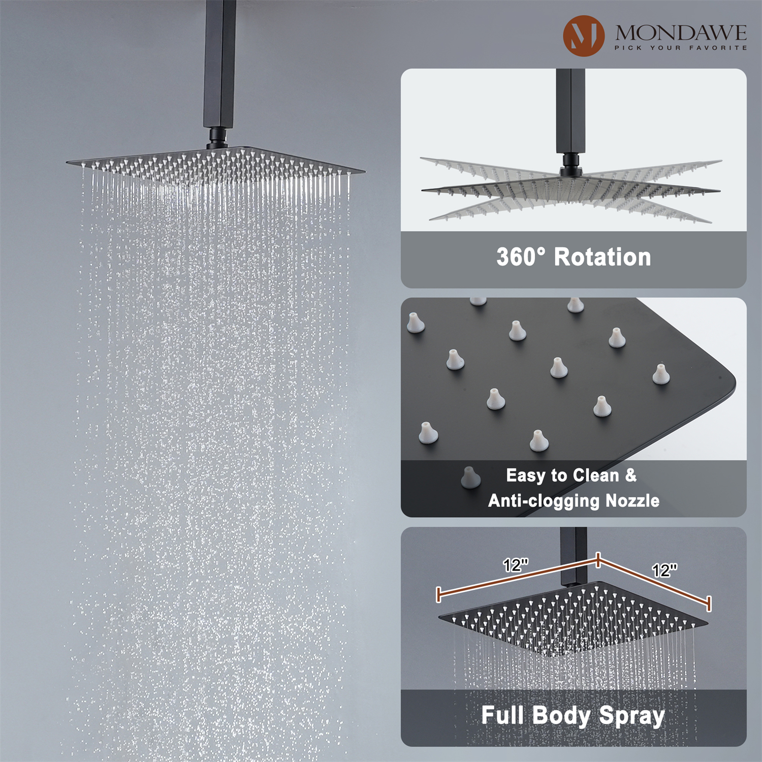 12in Thermostatic Rainfall 3 Functions Shower System with 6 Brass Body Jets-Mondawe