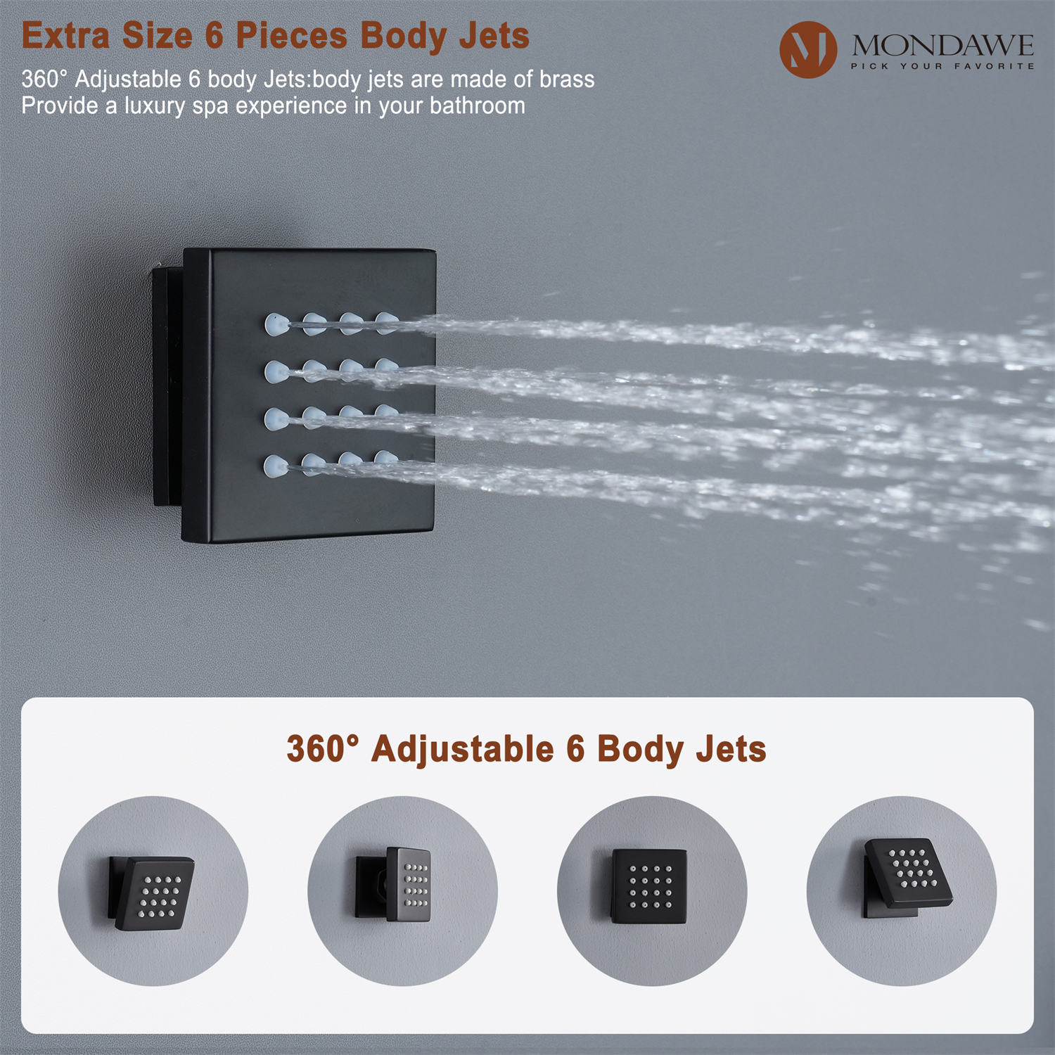 12in Thermostatic Rainfall 3 Functions Shower System with 6 Brass Body Jets-Mondawe