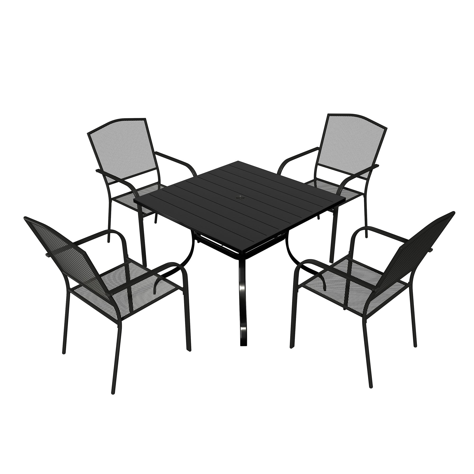 5-Piece Black Steel Dining Chair Square Table 28.54 in. H Outdoor Dining Set with Umbrella Hole