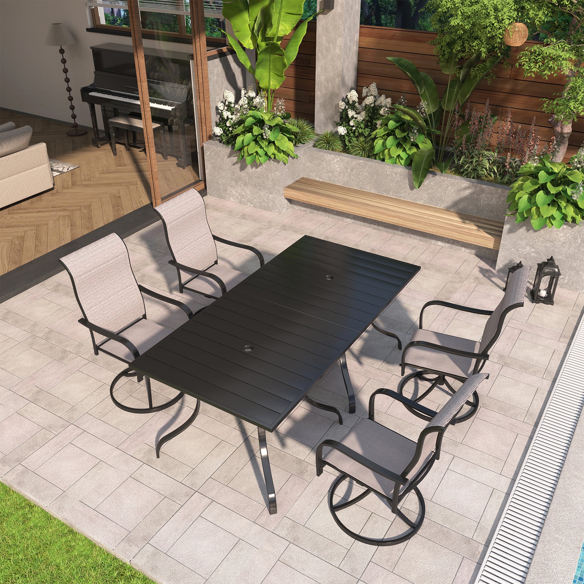 Steel Textiliene Swivel Chair Square Table 28.5 in. H Patio Dining Set with Umbrella Hole