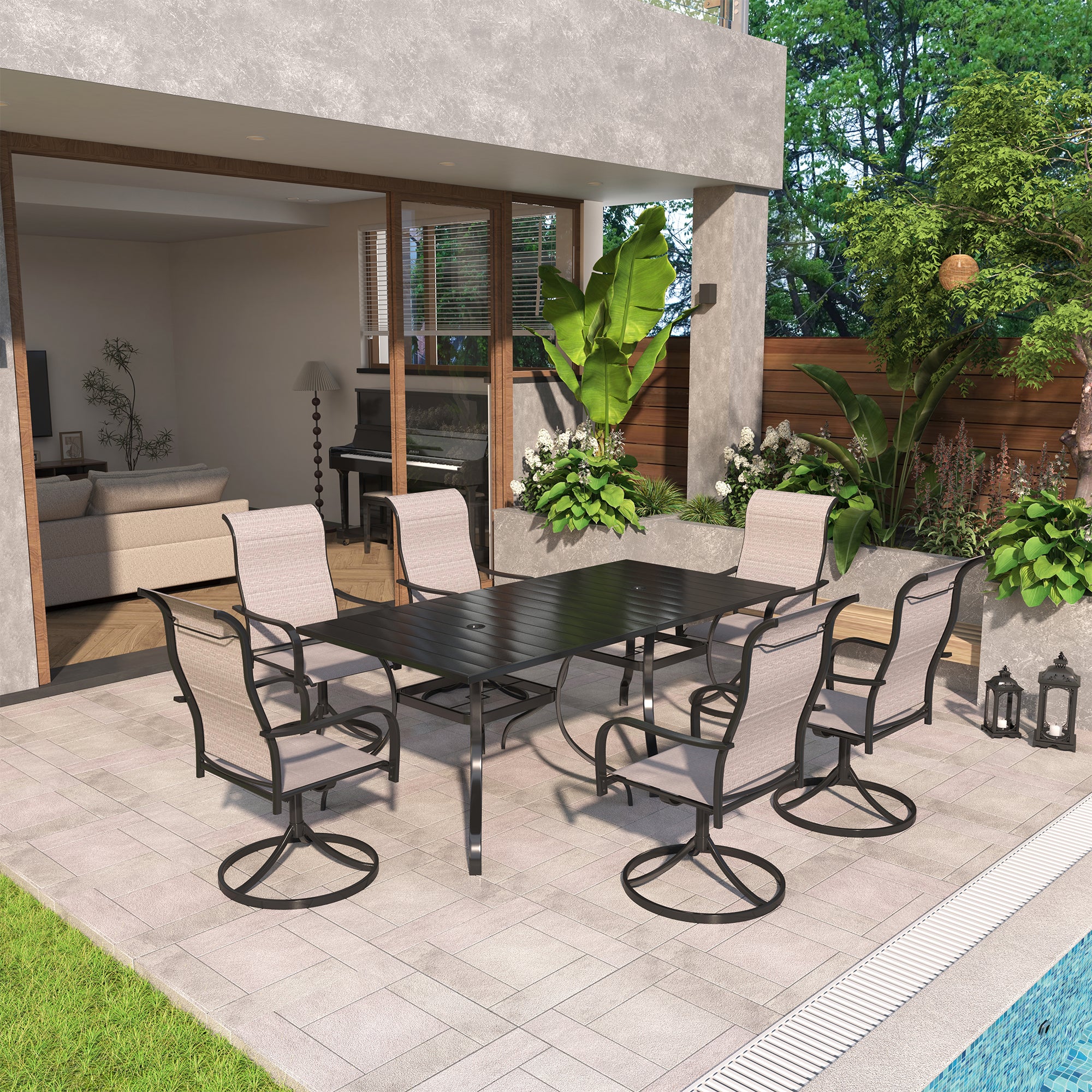 Steel Textiliene Swivel Chair Square Table 28.5 in. H Patio Dining Set with Umbrella Hole