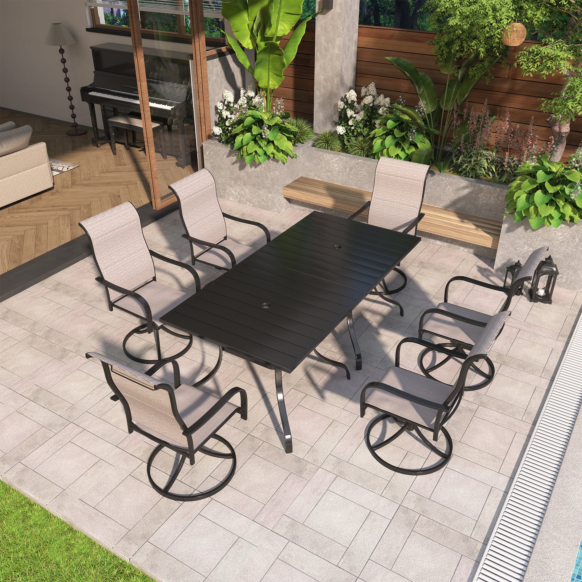 Steel Textiliene Swivel Chair Square Table 28.5 in. H Patio Dining Set with Umbrella Hole
