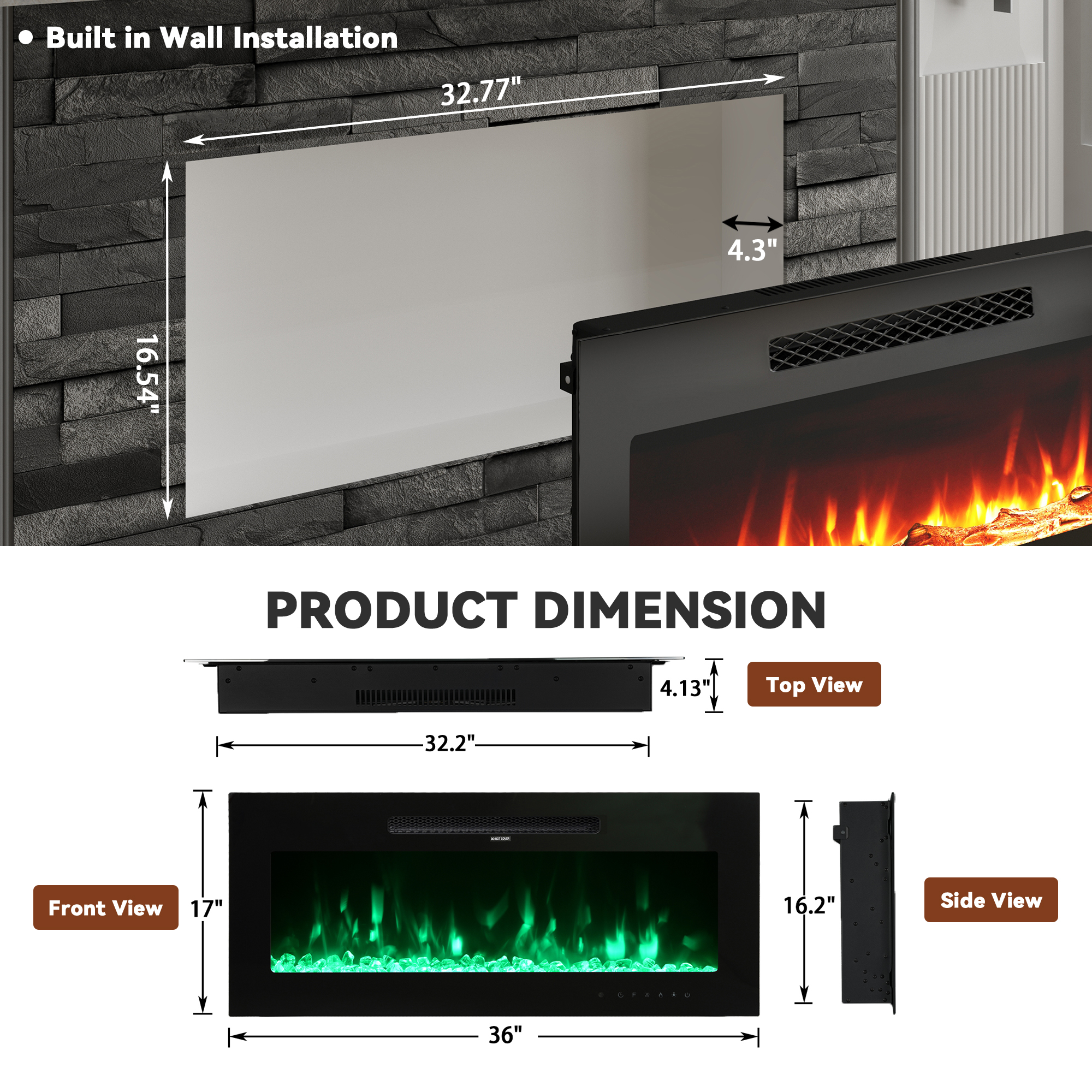 5000 Maximum BTUs 30/36/50/42/60/72 Inch W Black Fan-forced Electric Heater Fireplace