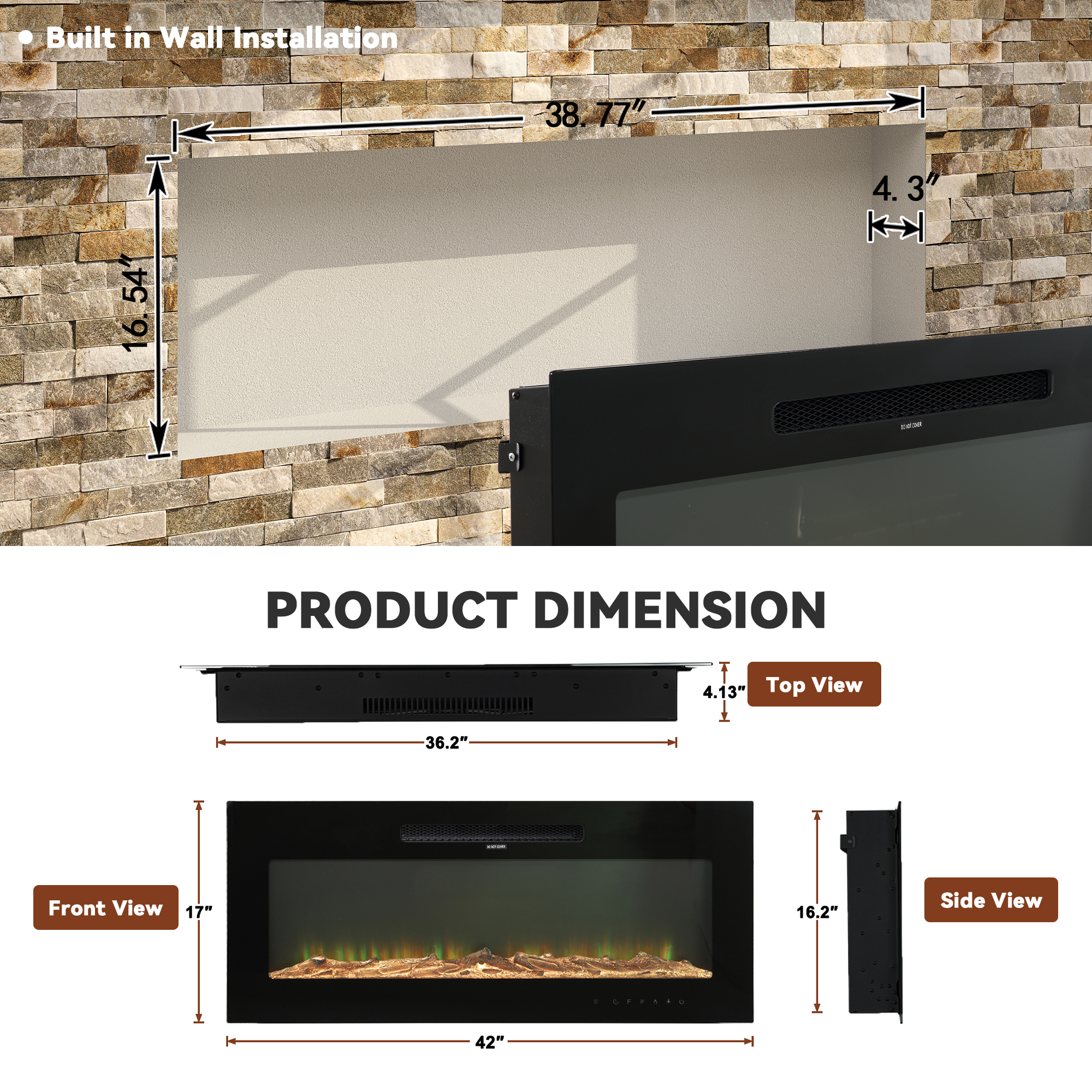 5000 Maximum BTUs 30/36/50/42/60/72 Inch W Black Fan-forced Electric Heater Fireplace