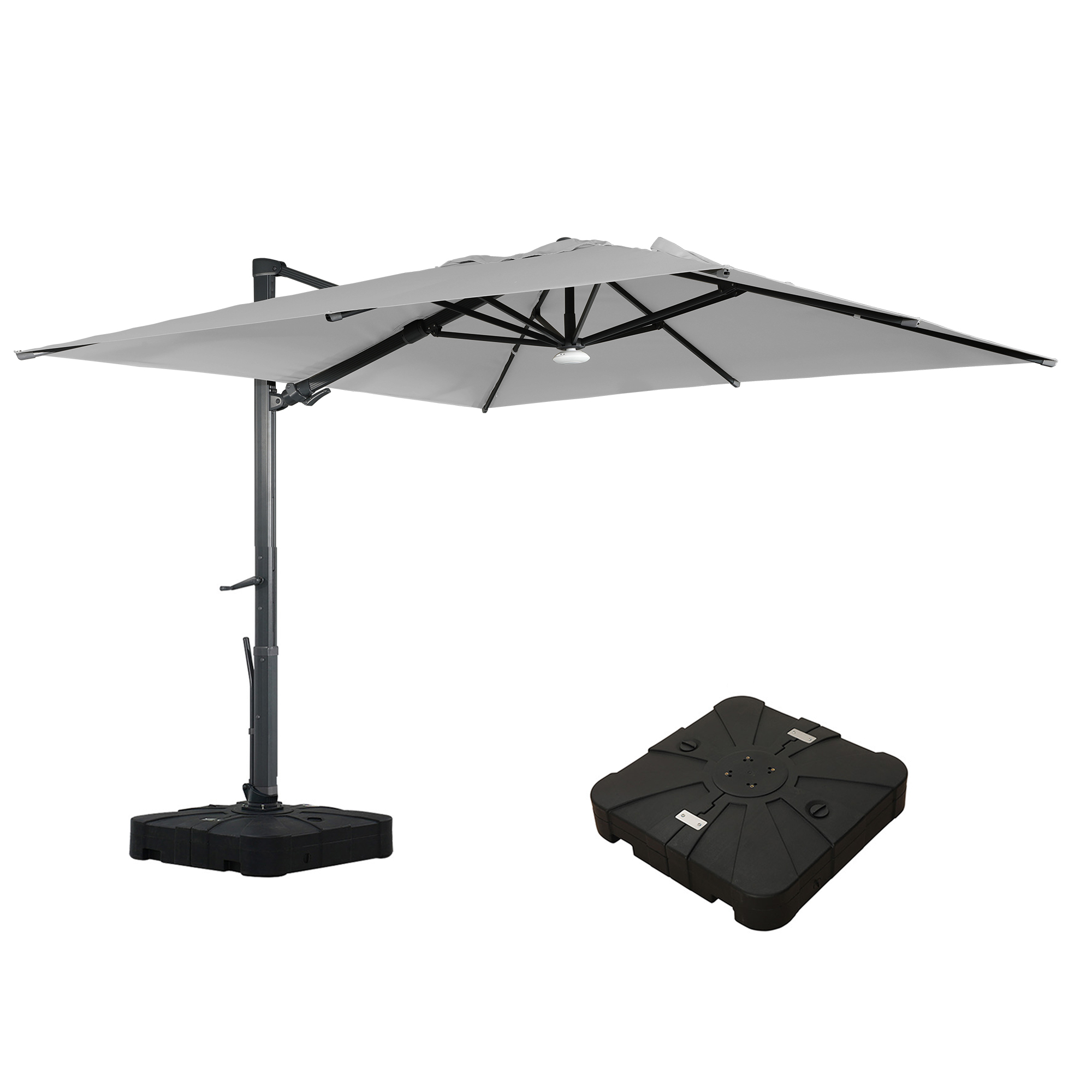 Square Aluminum Cantilever Patio Umbrella with 90° Tilt, LED & Bluetooth Mood Light, and Base Included