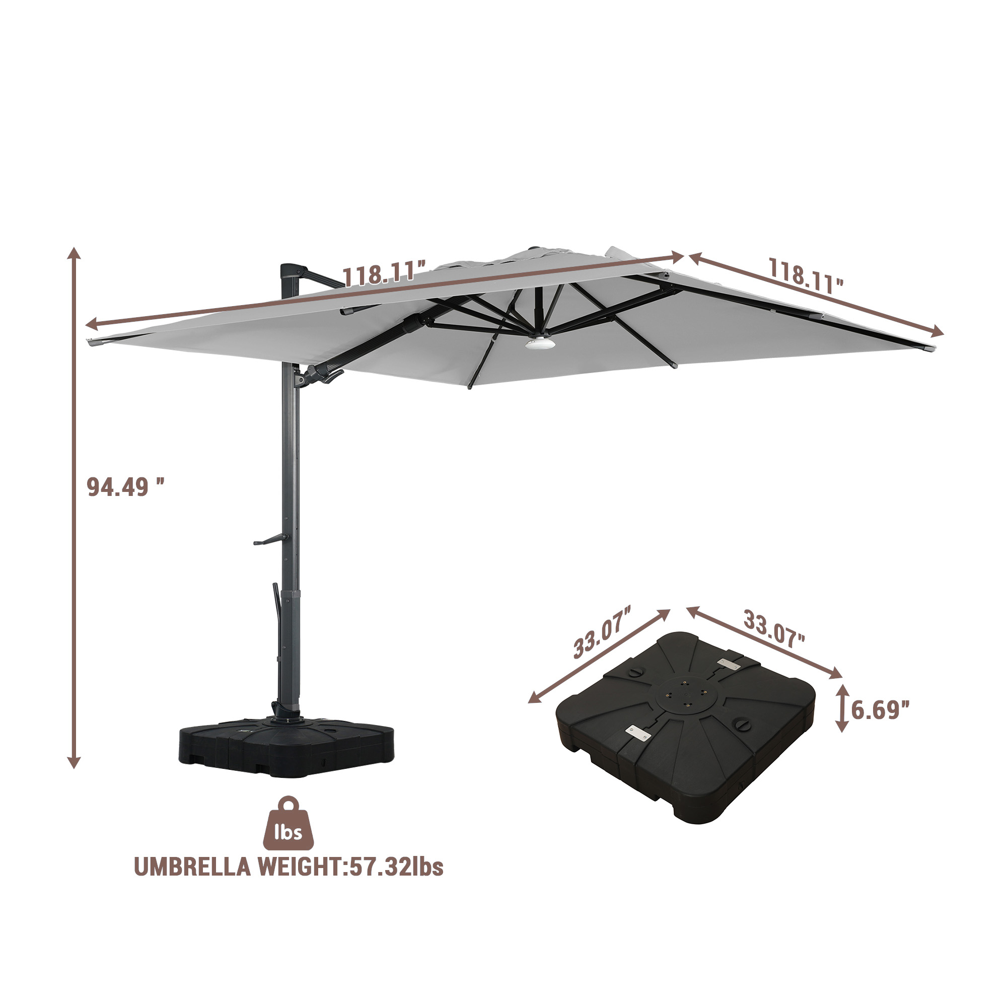 10ft Square Bluetooth Ambient Light 360° Rotation Outdoor Cantilever Tilt Patio Umbrella