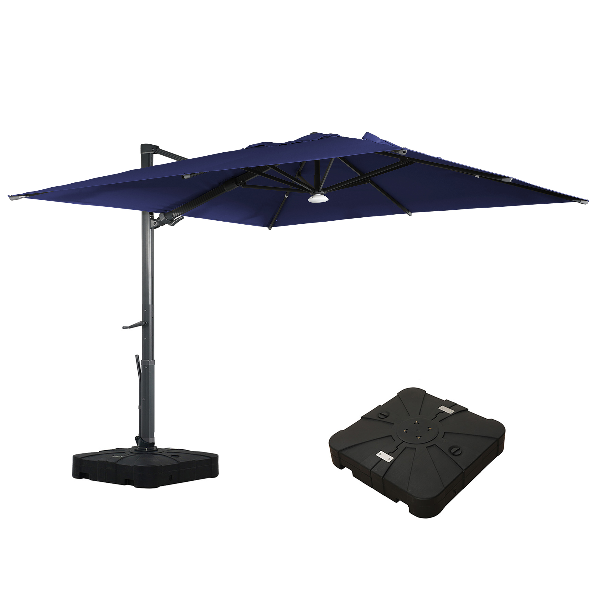 Square Aluminum Cantilever Patio Umbrella with 90° Tilt, LED & Bluetooth Mood Light, and Base Included