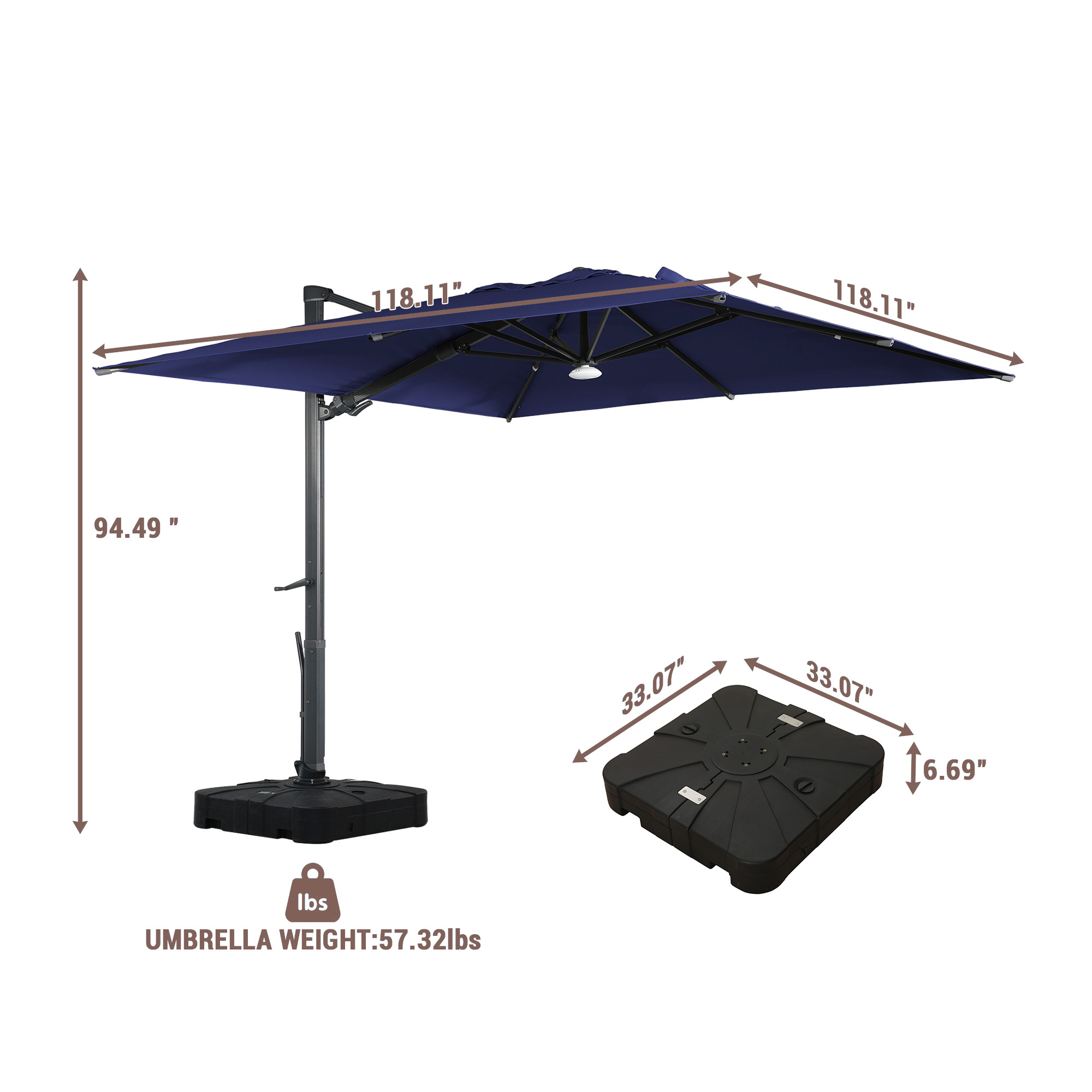 10ft Square Bluetooth Ambient Light 360° Rotation Outdoor Cantilever Tilt Patio Umbrella