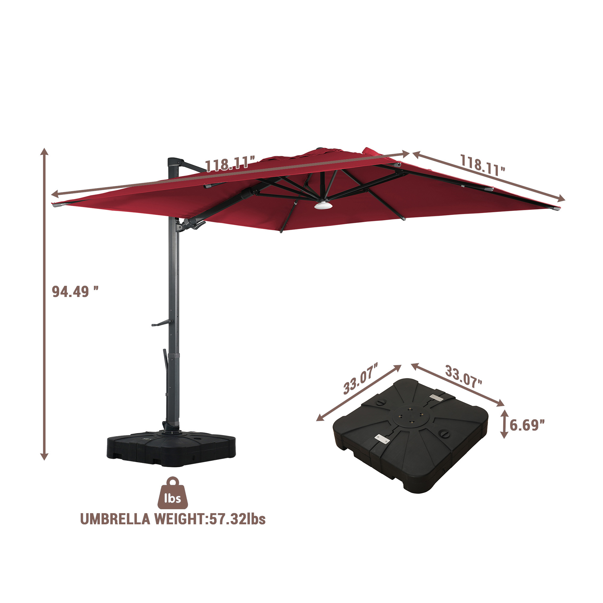 10ft Square Bluetooth Ambient Light 360° Rotation Outdoor Cantilever Tilt Patio Umbrella
