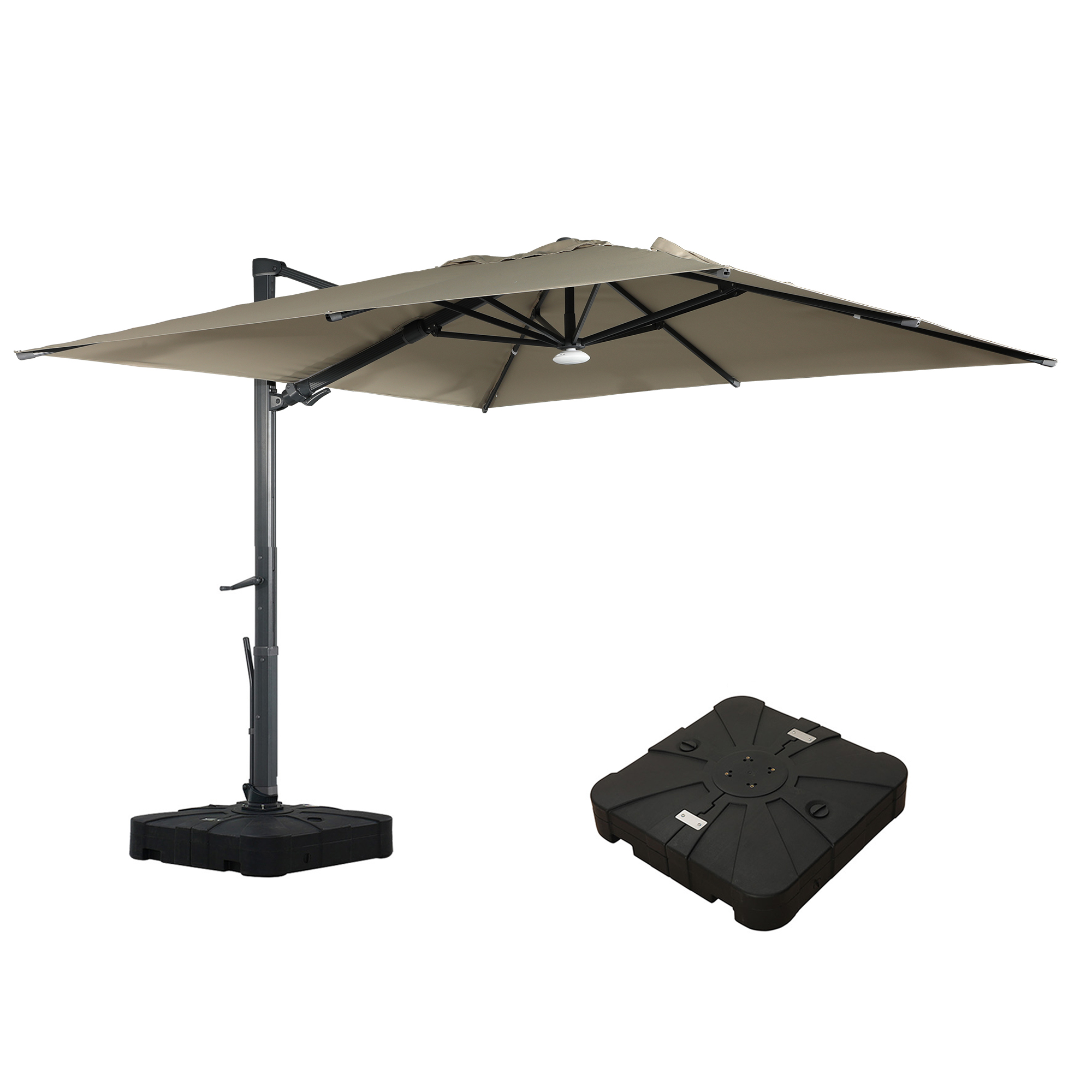 Square Aluminum Cantilever Patio Umbrella with 90° Tilt, LED & Bluetooth Mood Light, and Base Included