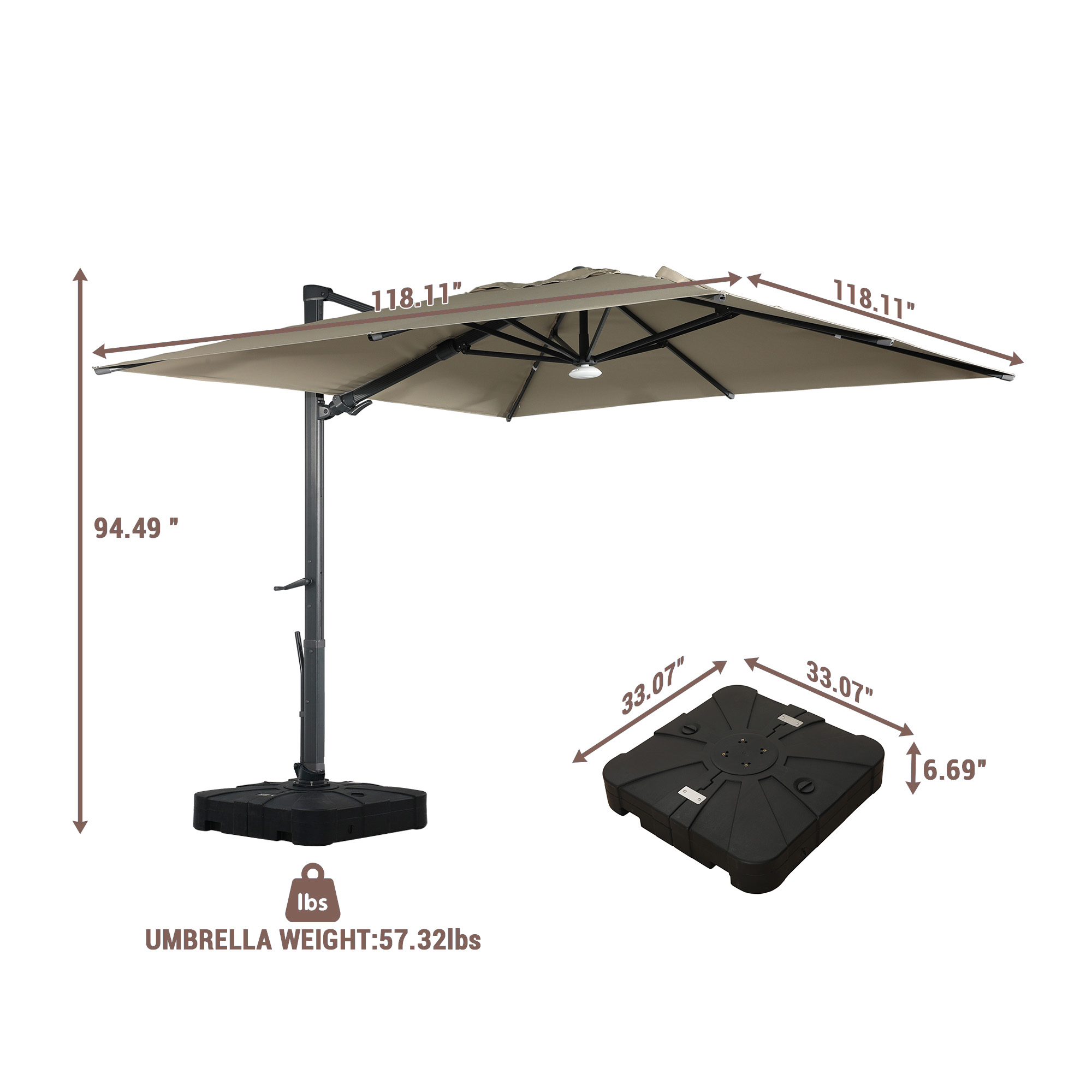 10ft Square Bluetooth Ambient Light 360° Rotation Outdoor Cantilever Tilt Patio Umbrella