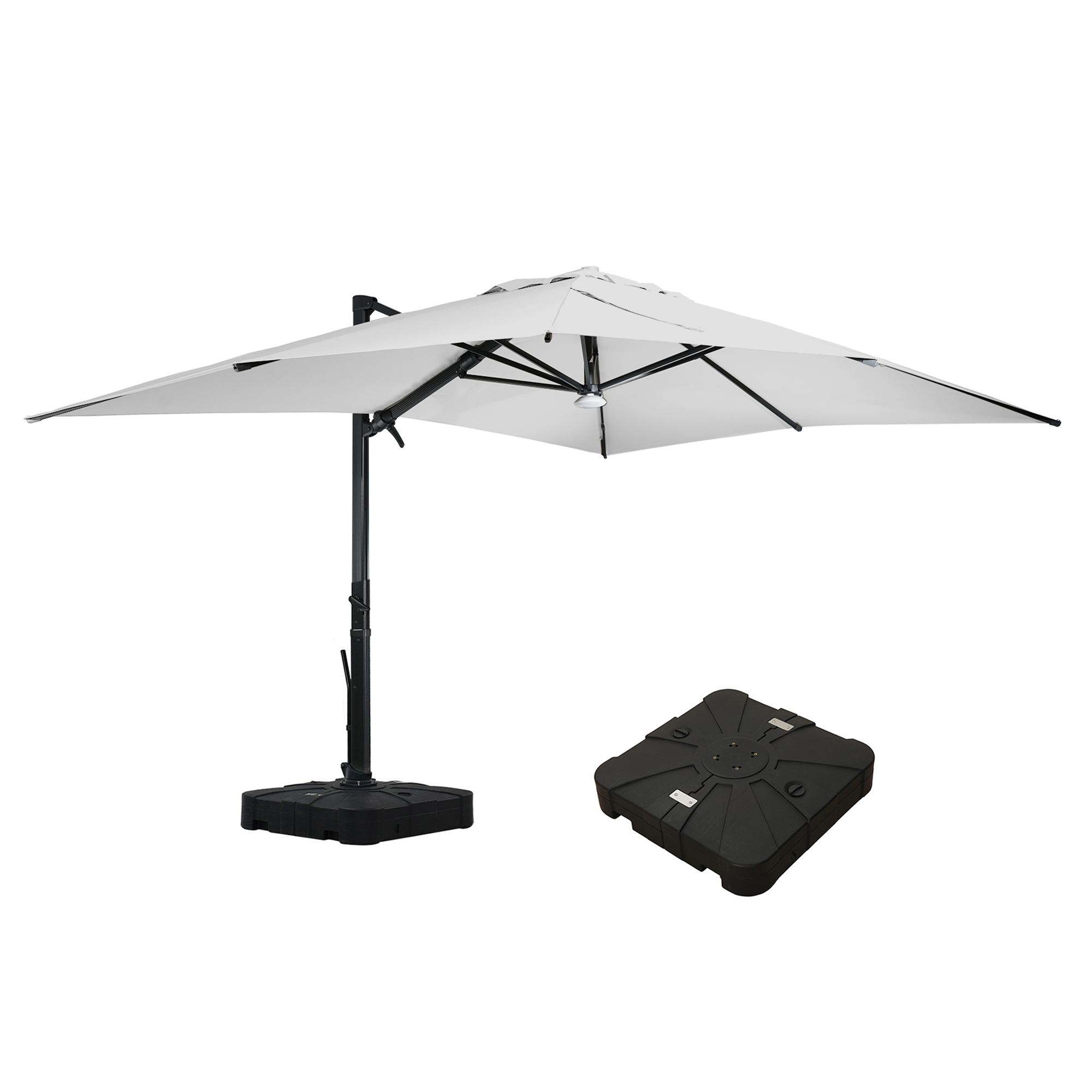 Square Aluminum Cantilever Patio Umbrella with 90° Tilt, LED & Bluetooth Mood Light, and Base Included