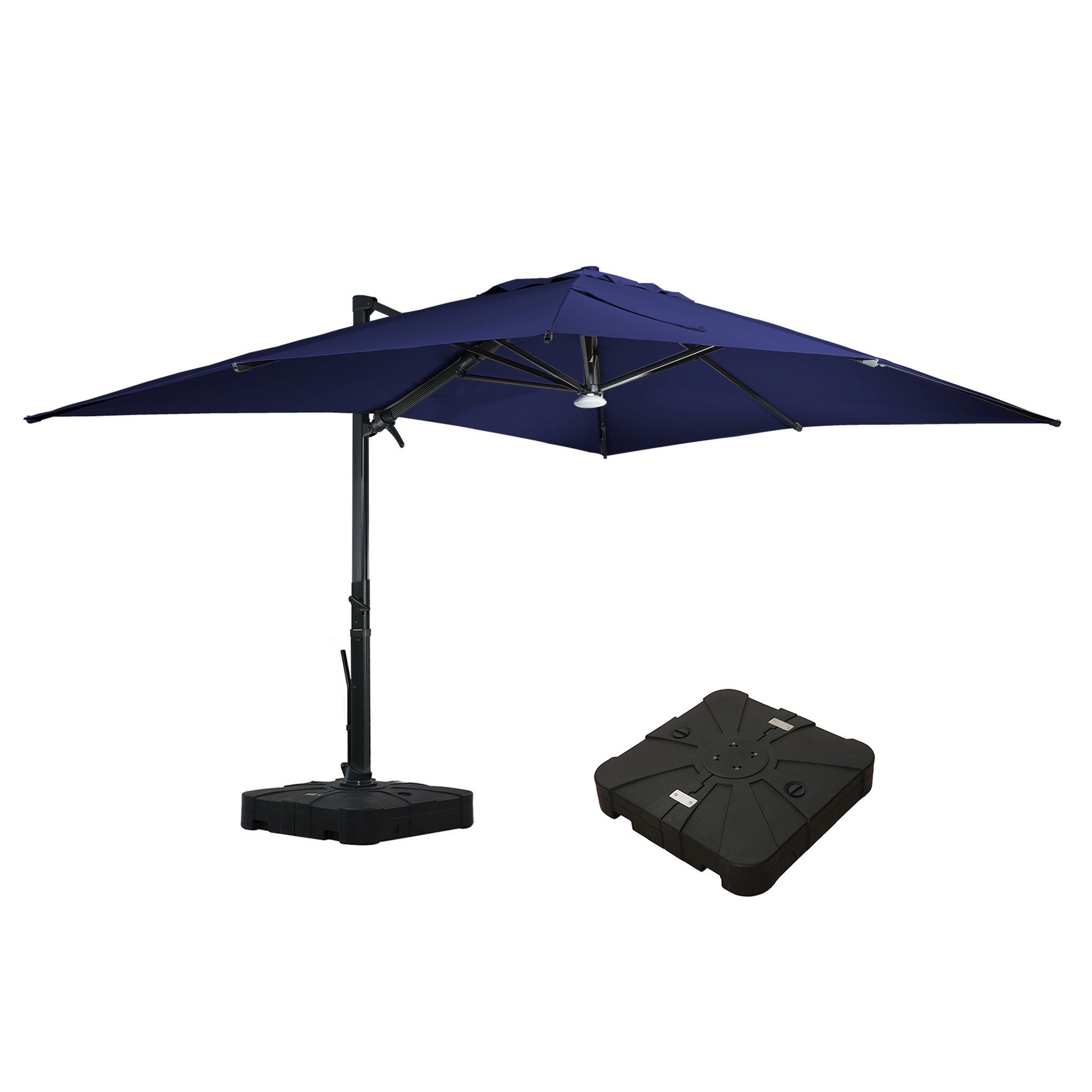 Square Aluminum Cantilever Patio Umbrella with 90° Tilt, LED & Bluetooth Mood Light, and Base Included
