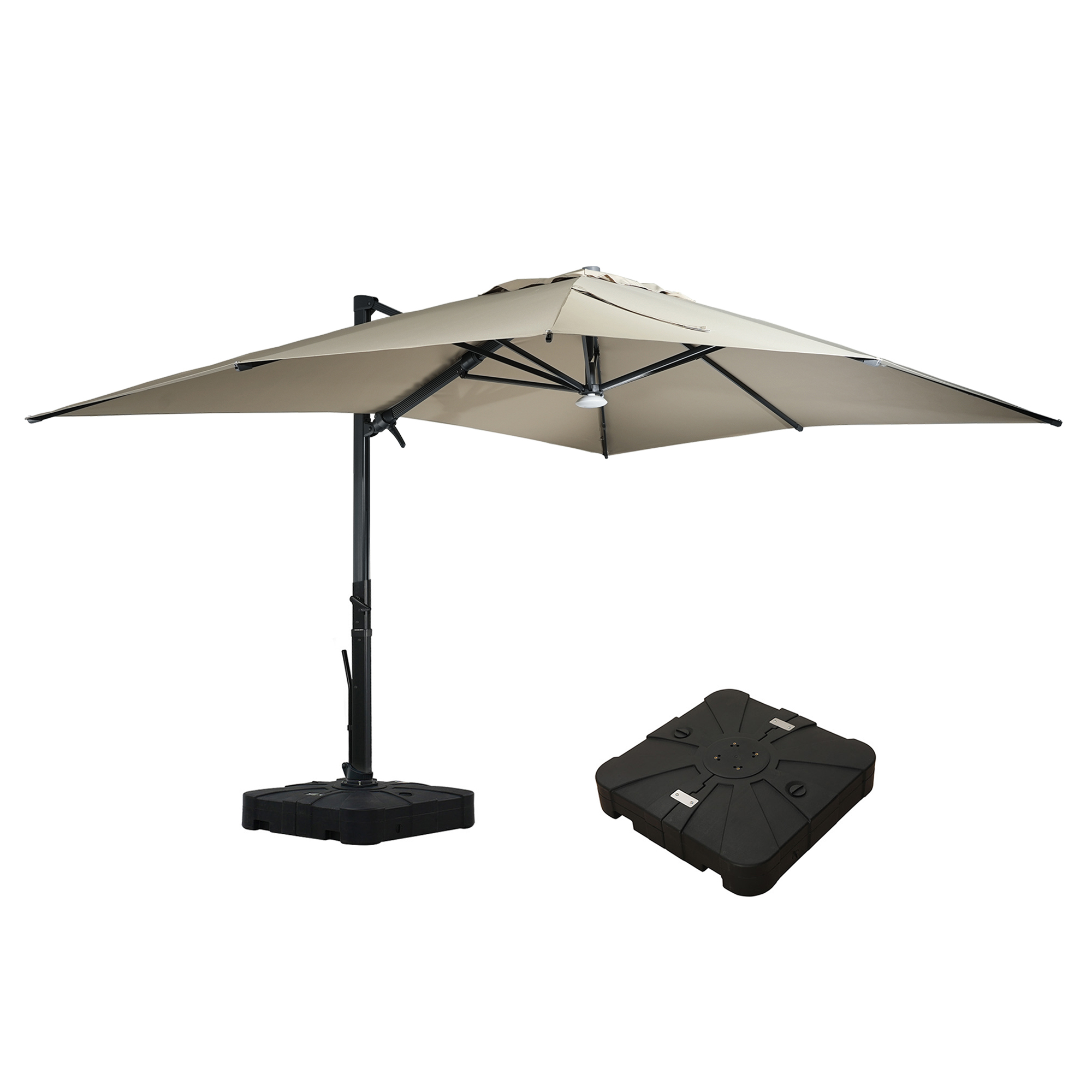 Square Aluminum Cantilever Patio Umbrella with 90° Tilt, LED & Bluetooth Mood Light, and Base Included