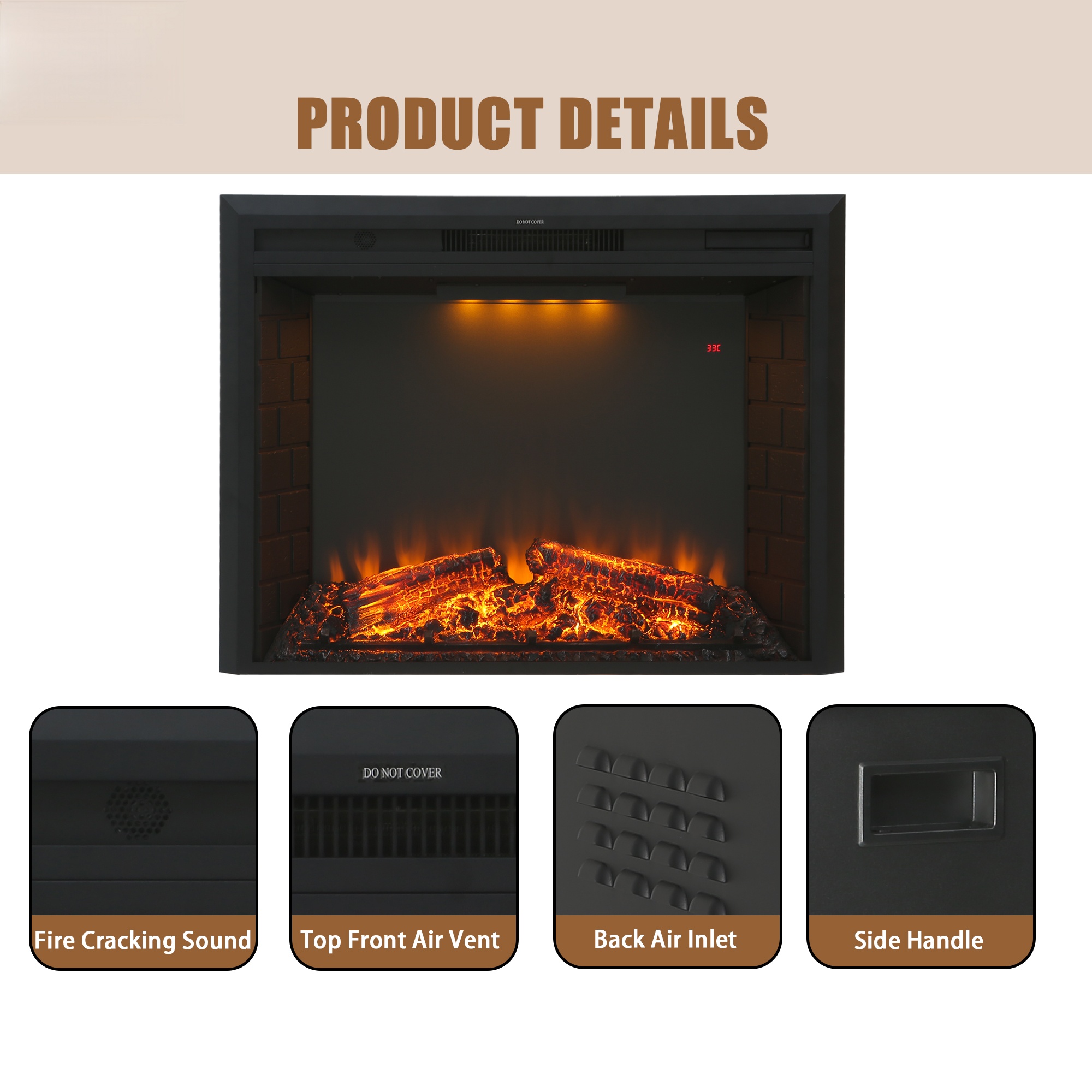 Electric Fireplace Insert with Crackling Sound, 30 Inch Recessed Fireplace Heater