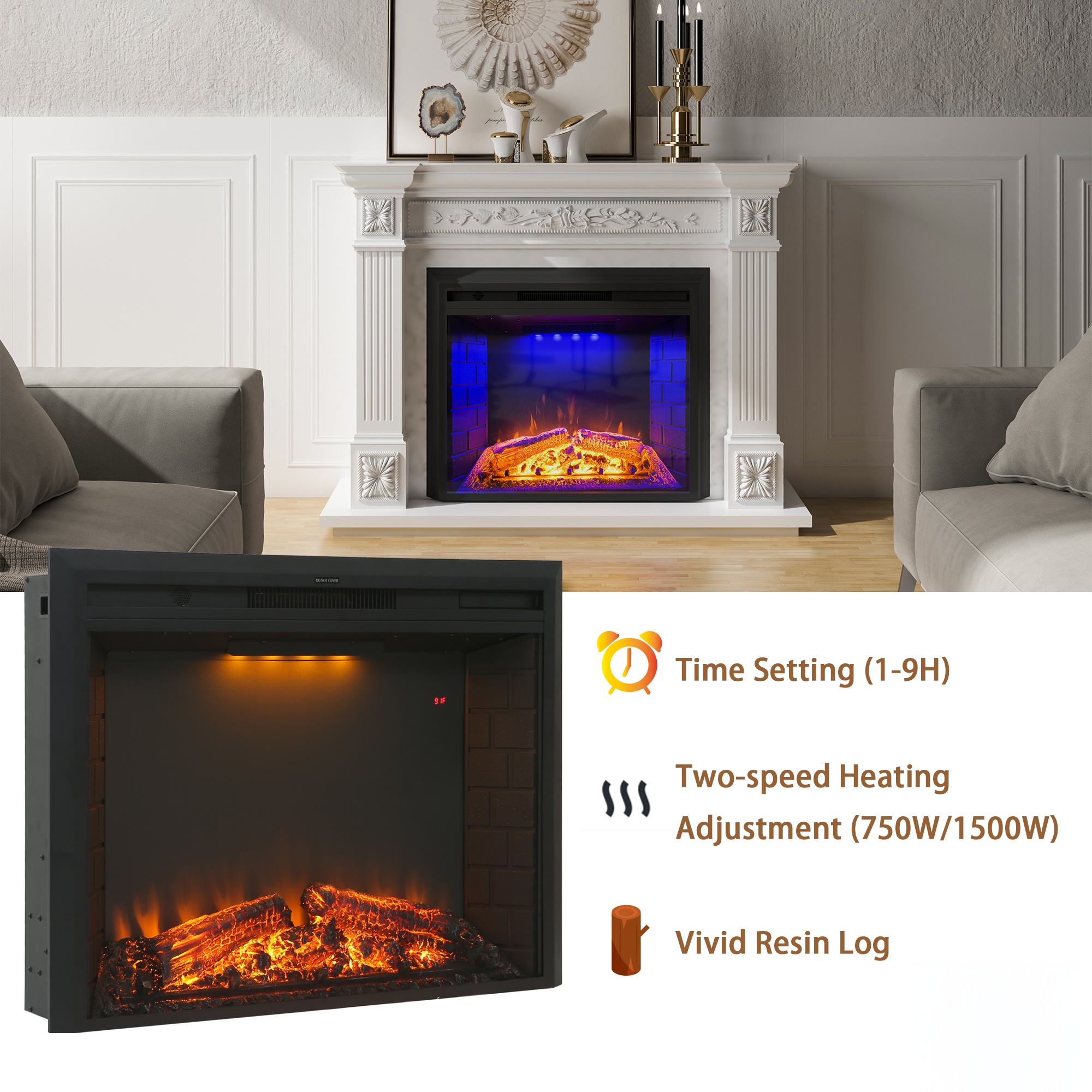 Electric Fireplace Insert with Crackling Sound, 30 Inch Recessed Fireplace Heater