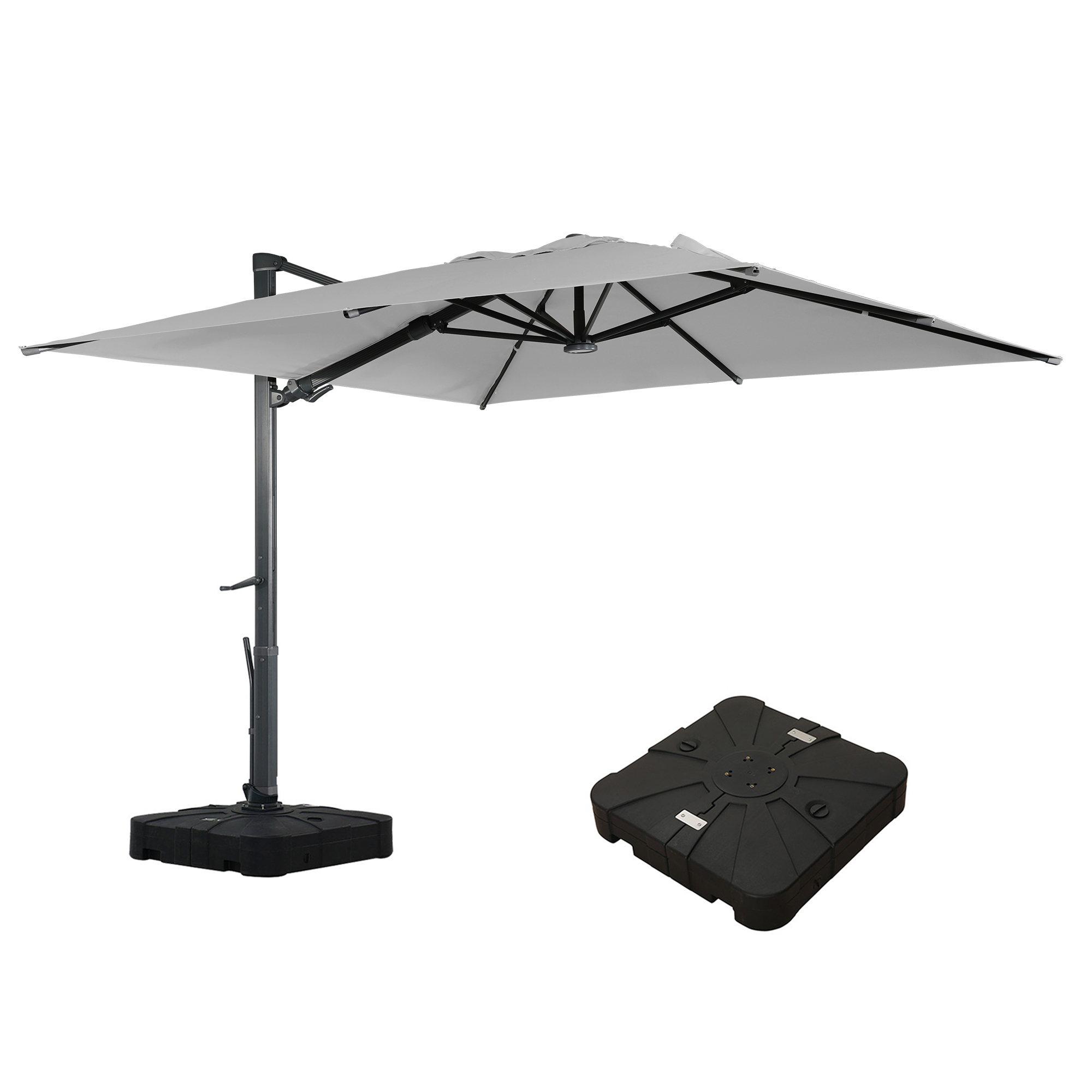 Square Aluminum Cantilever Patio Umbrella with 90° Tilt, LED & Bluetooth Mood Light, and Base Included