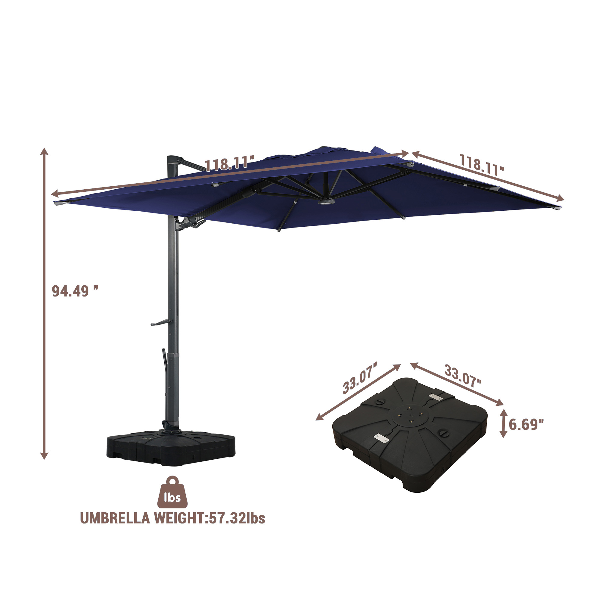 Mondawe 10ft Solar-Powered Cantilever Umbrella 90° Adjustable Tilt Patio Umbrella