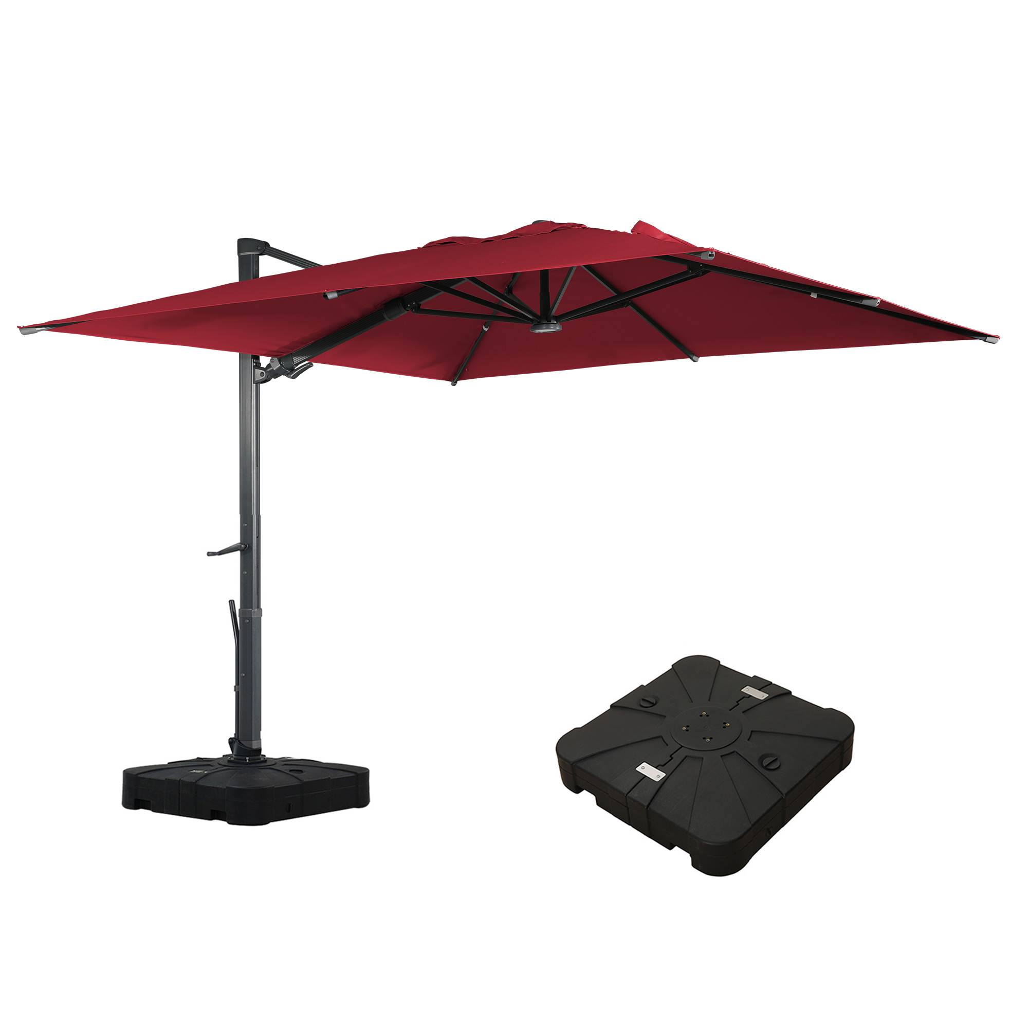 Square Aluminum Cantilever Patio Umbrella with 90° Tilt, LED & Bluetooth Mood Light, and Base Included
